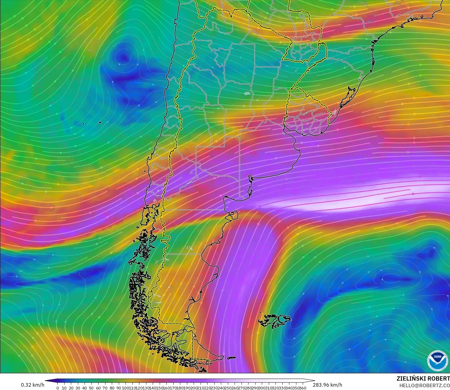 GFS model - Argentina, Wind at 300hPa (jet stream)