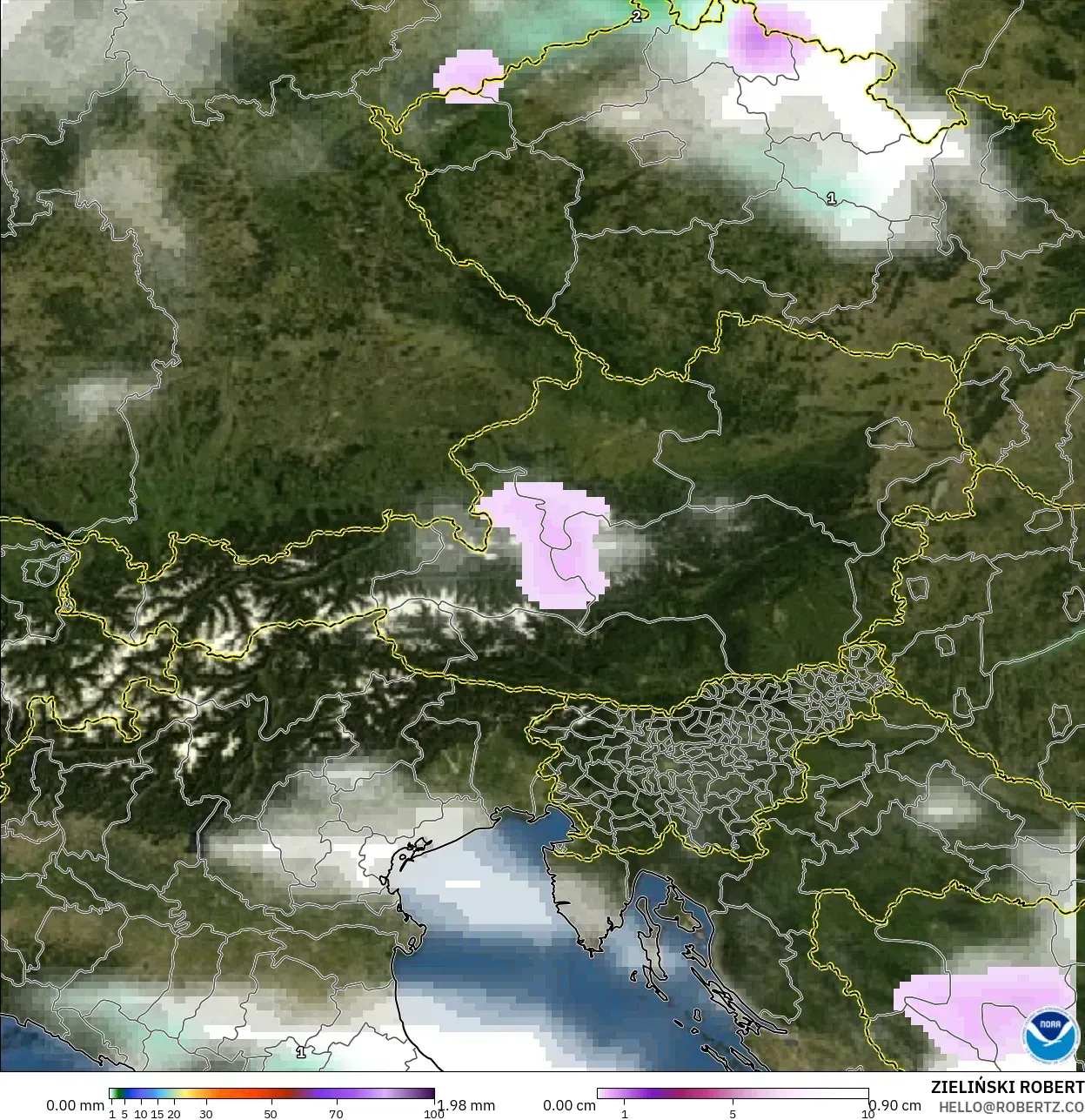 GFS model - Austria, Precipitation, Clouds, and Pressure