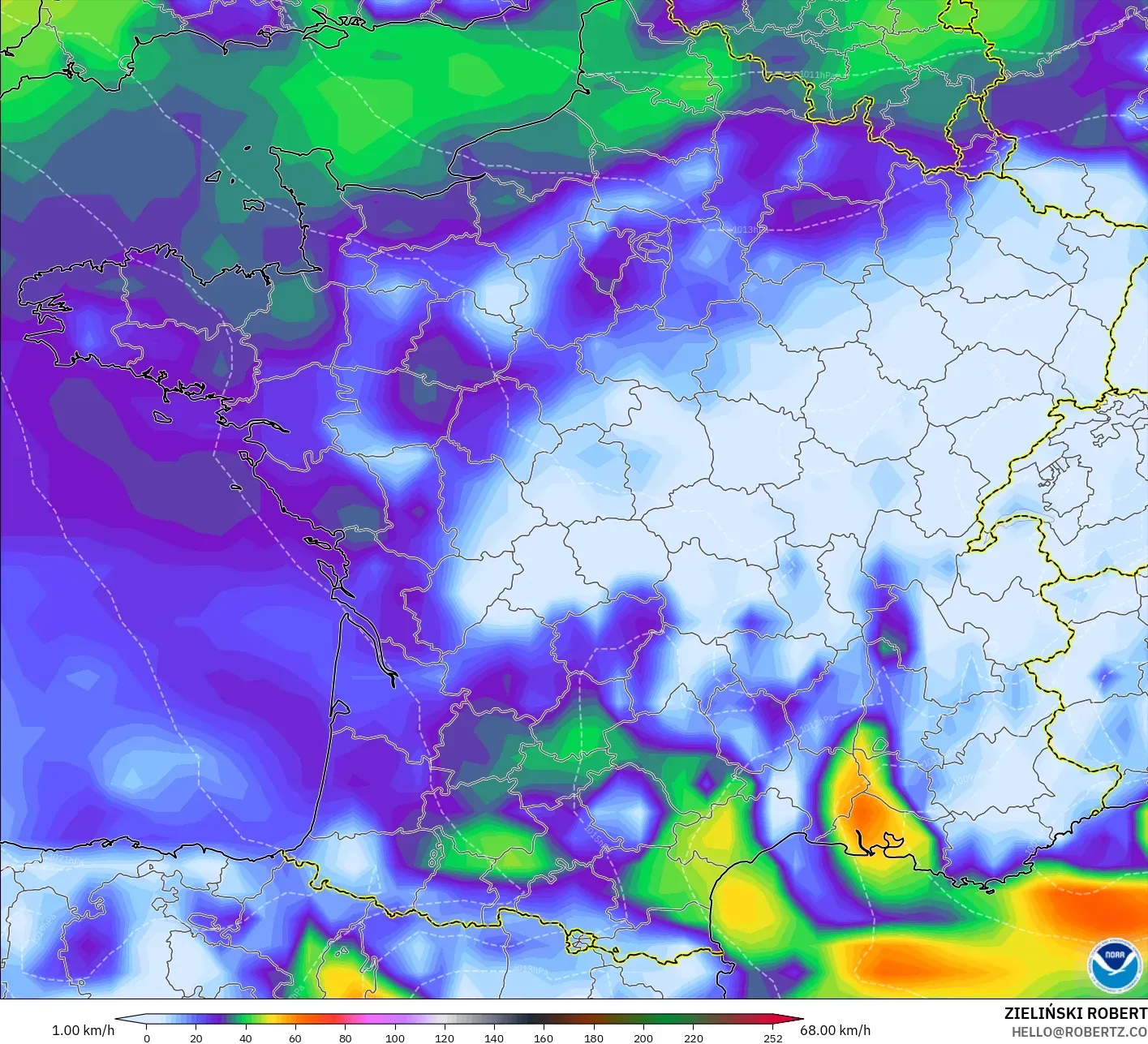 GFS model - France, Wind Gusts