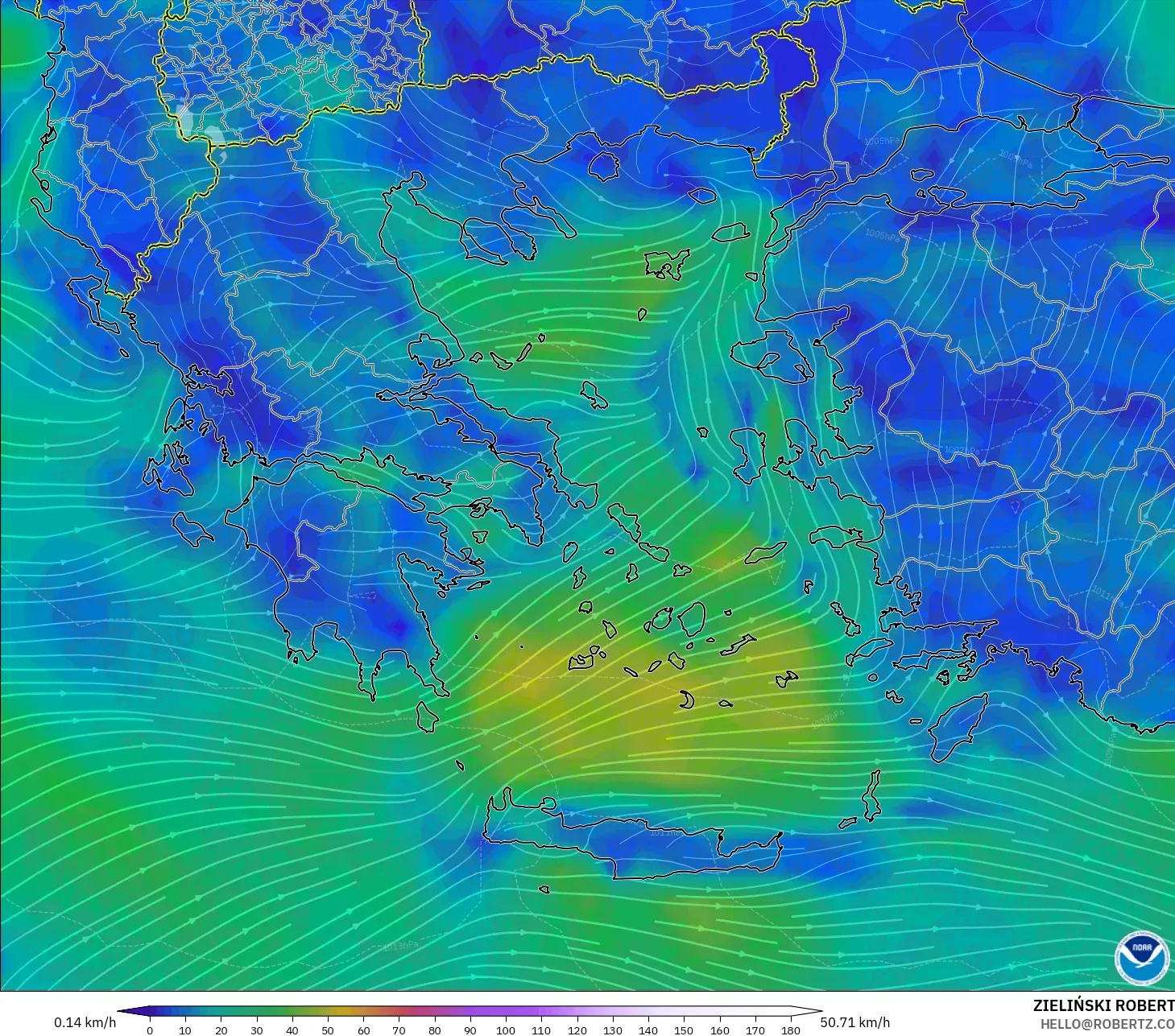 GFS model - Greece, Wind at 10m