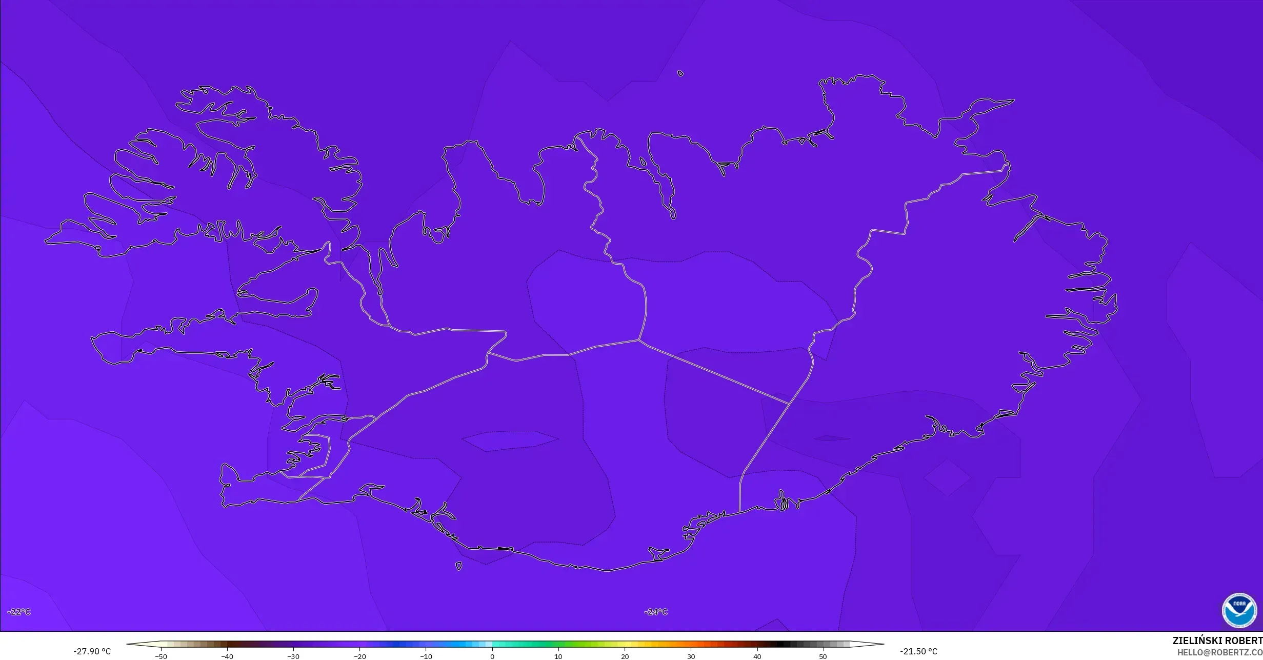 GFS model - Iceland, Temperature at 500hPa
