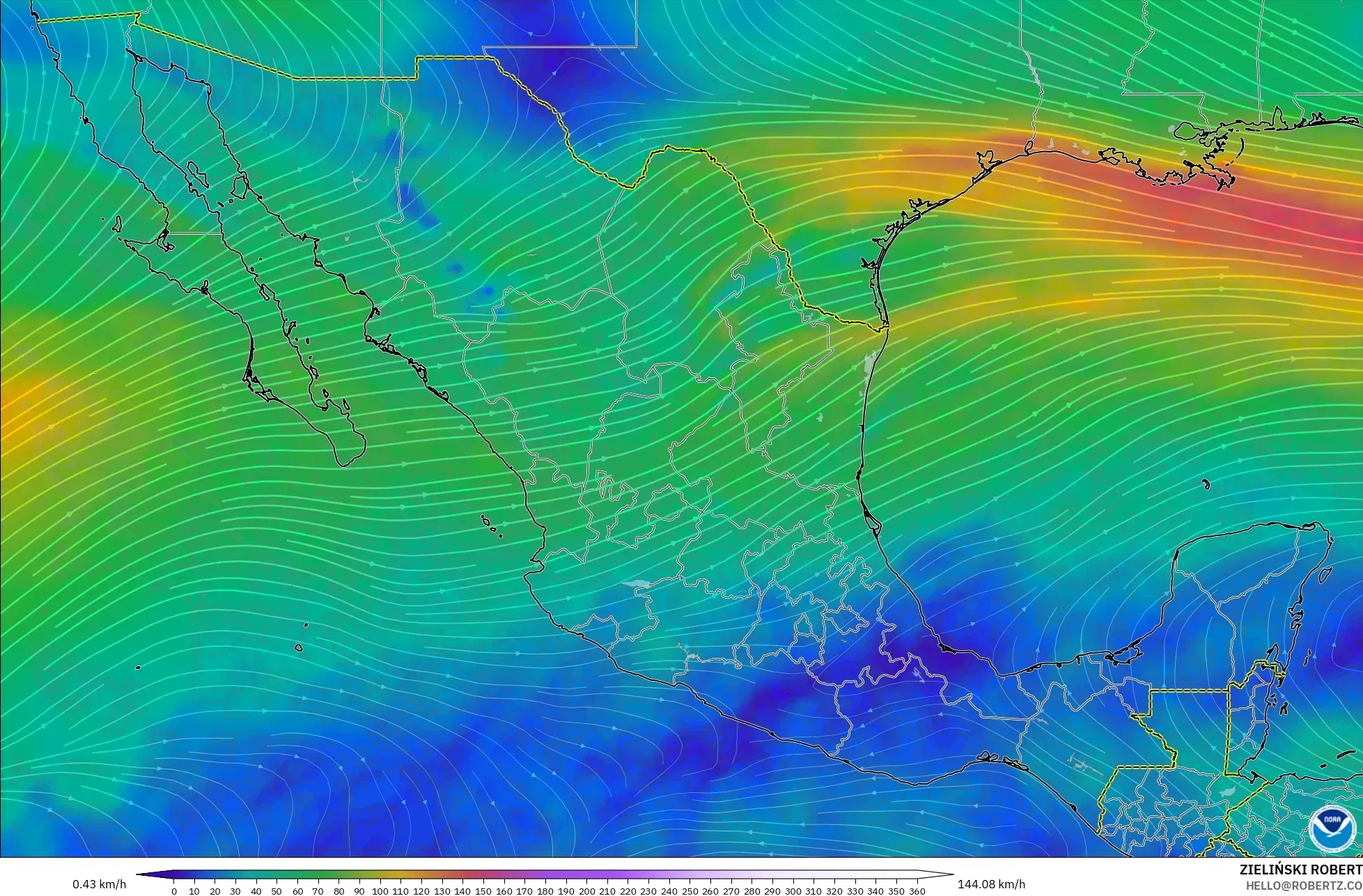 GFS model - Mexico, Wind at 300hPa (jet stream)