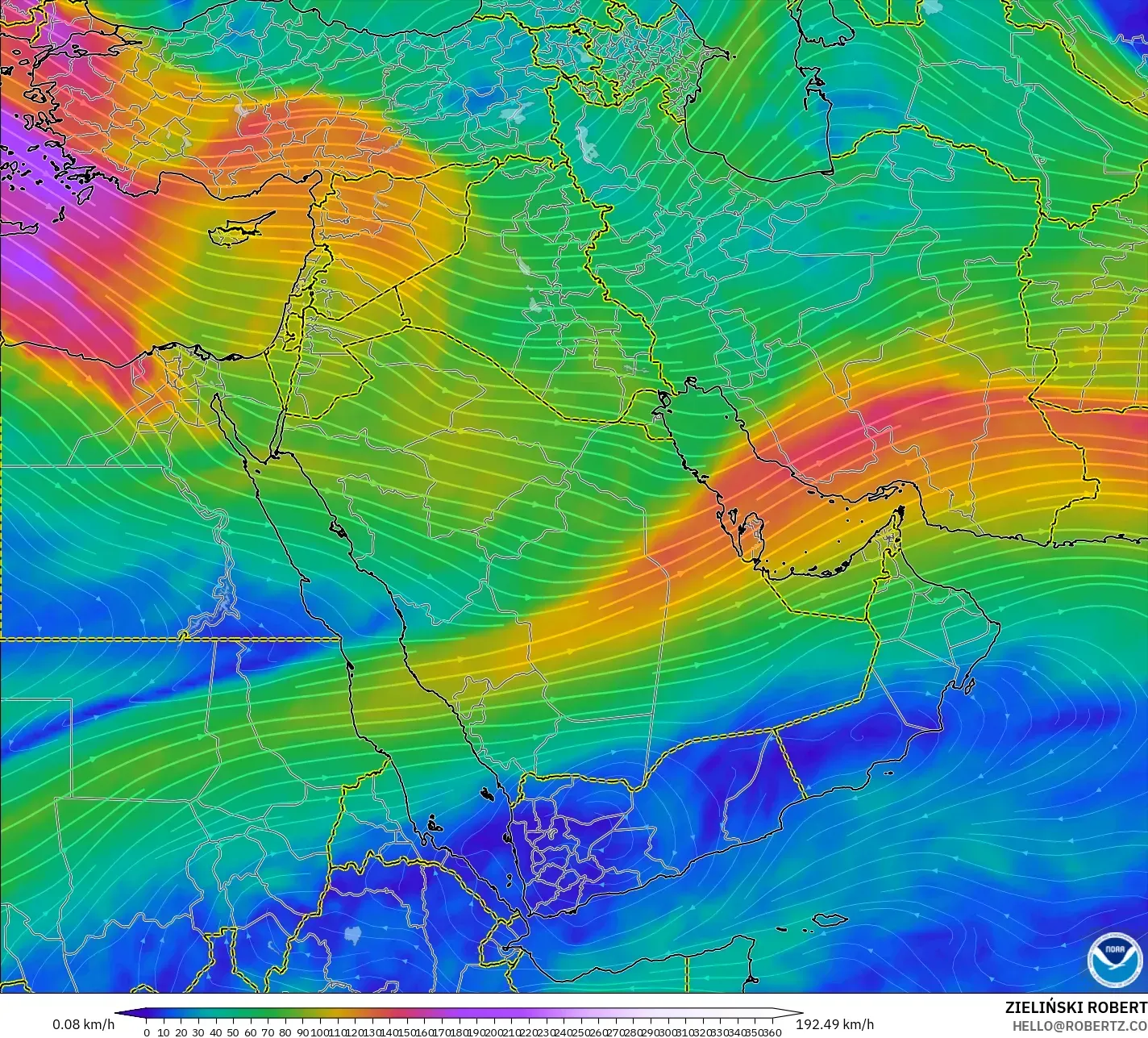 GFS model - Middle East, Wind at 300hPa (jet stream)