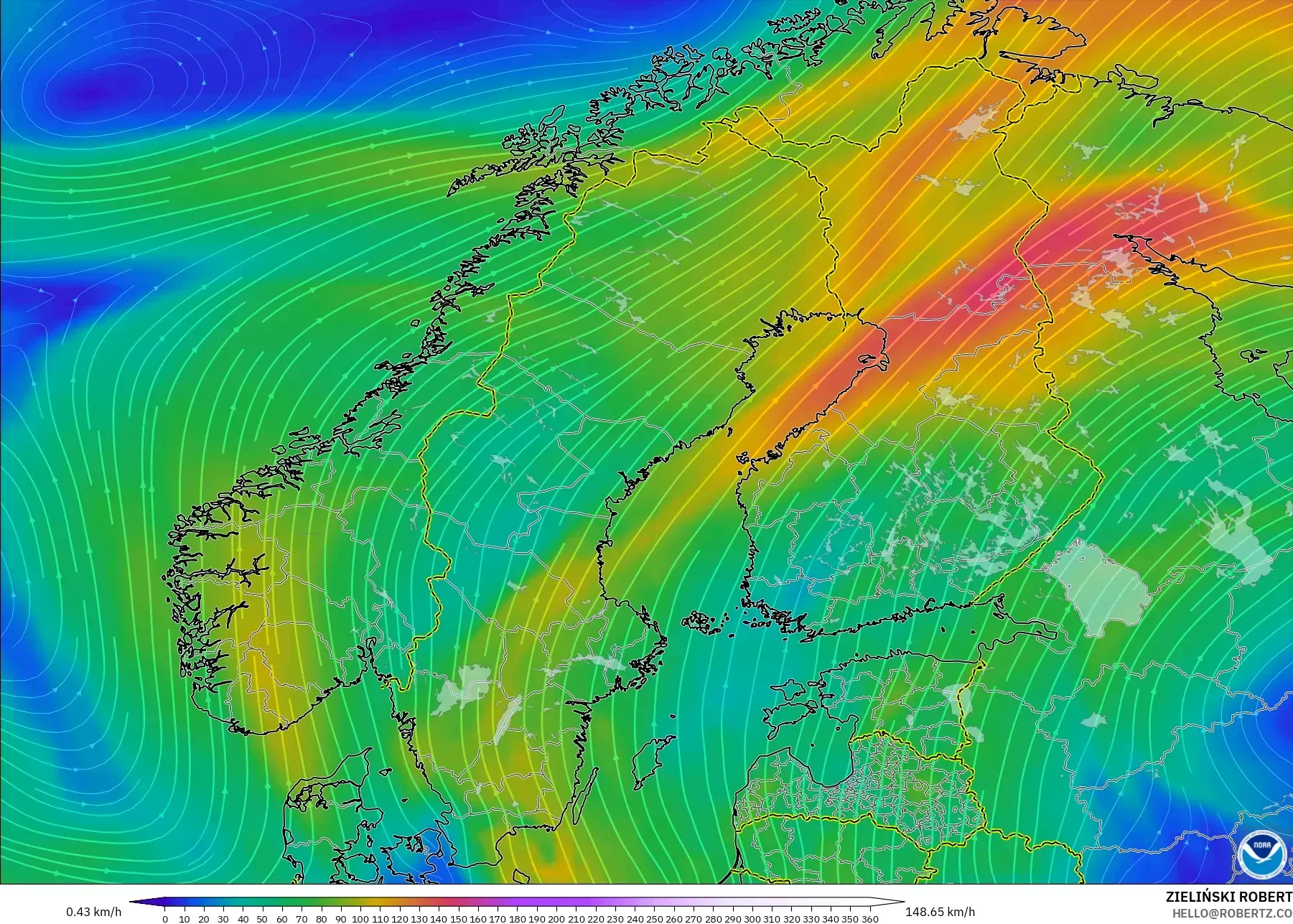 GFS model - Scandinavia, Wind at 300hPa (jet stream)