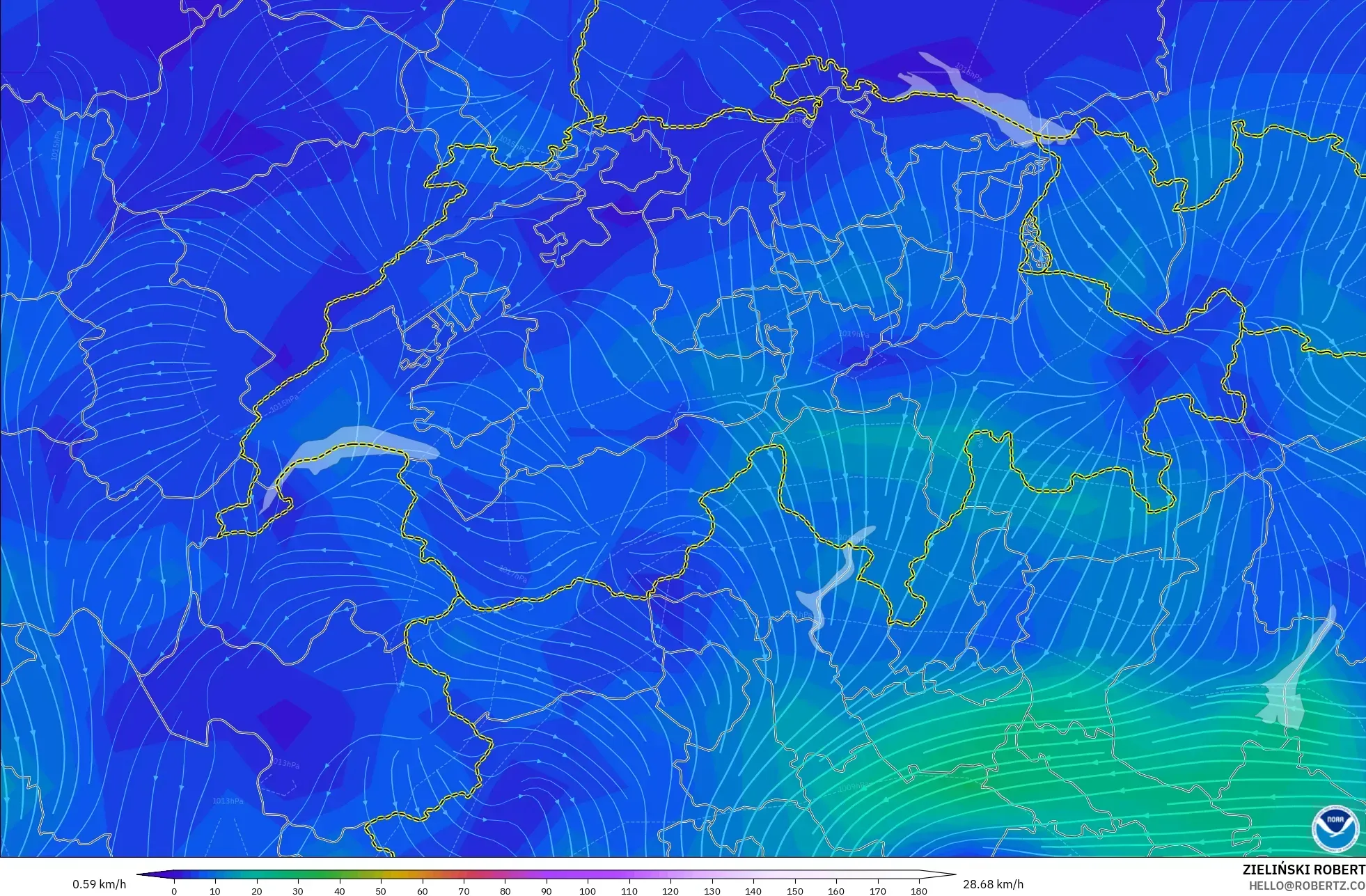 GFS model - Switzerland, Wind at 10m