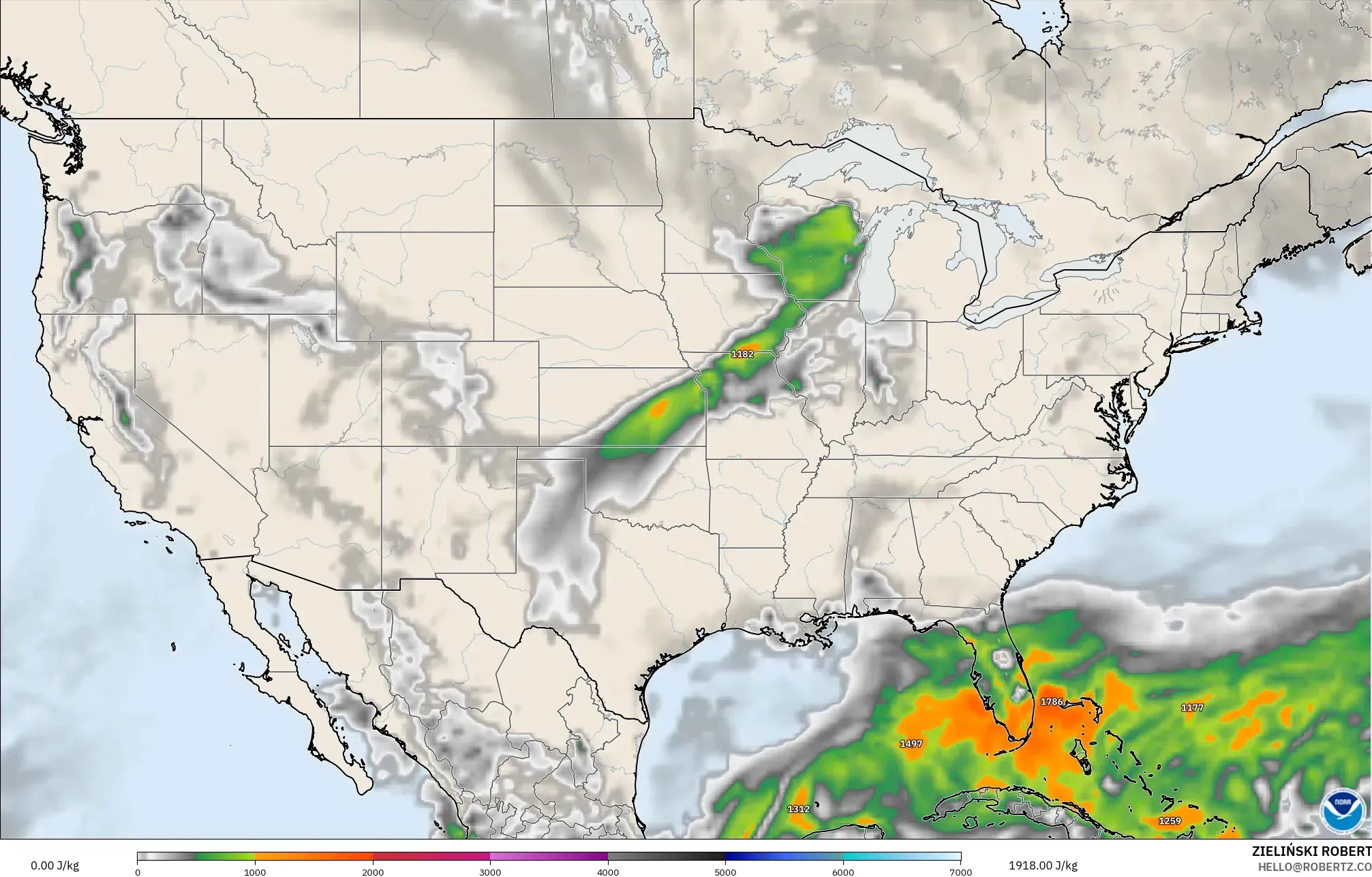 GFS model - United States, CAPE