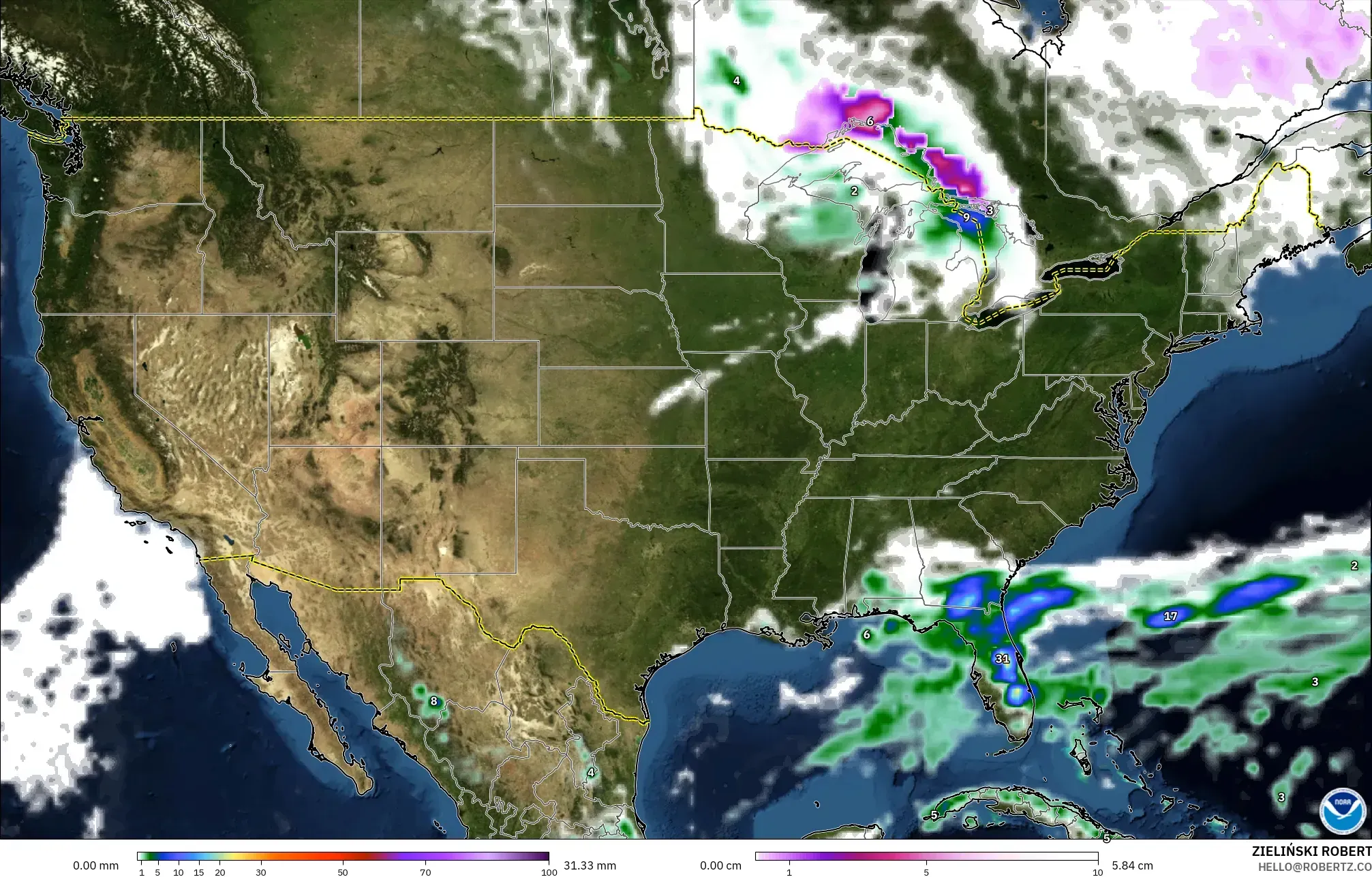 GFS model - United States, Precipitation, Clouds, and Pressure