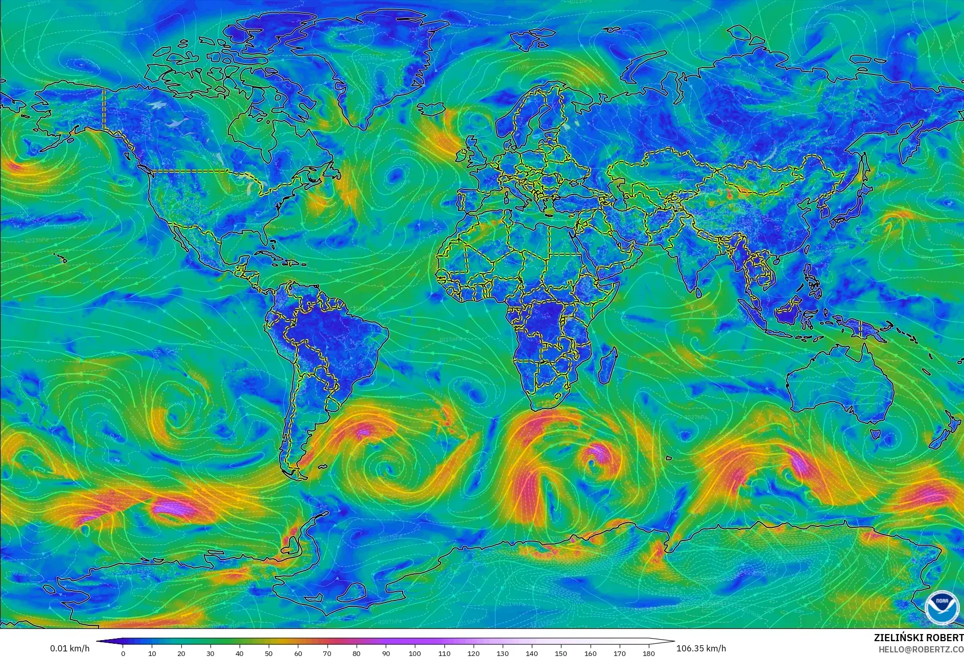 GFS model - World, Wind at 10m