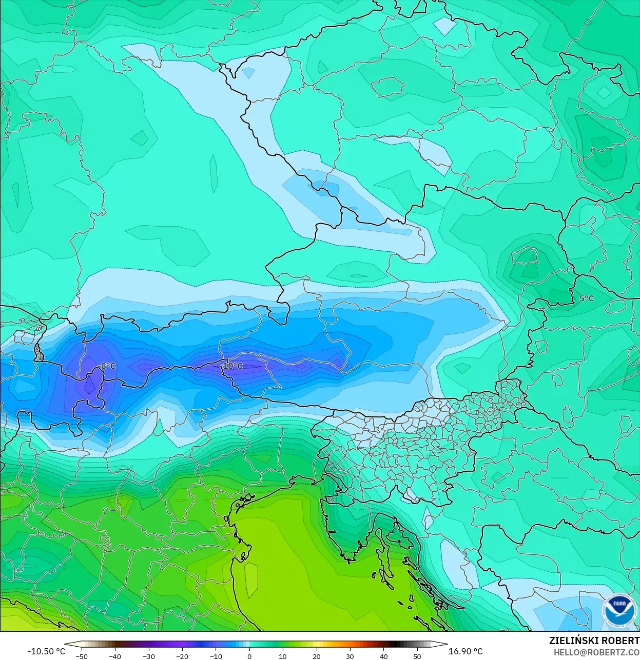 GFS model - Austria, Temperature at 2m