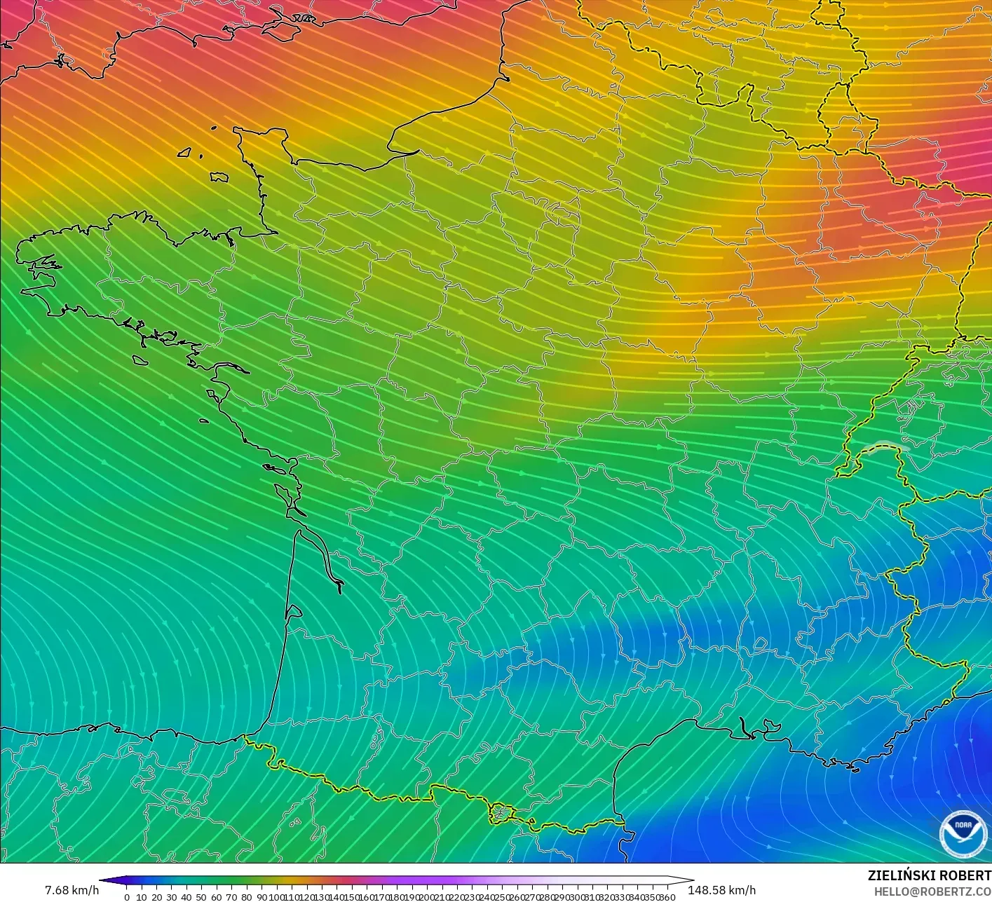 GFS model - France, Wind at 300hPa (jet stream)