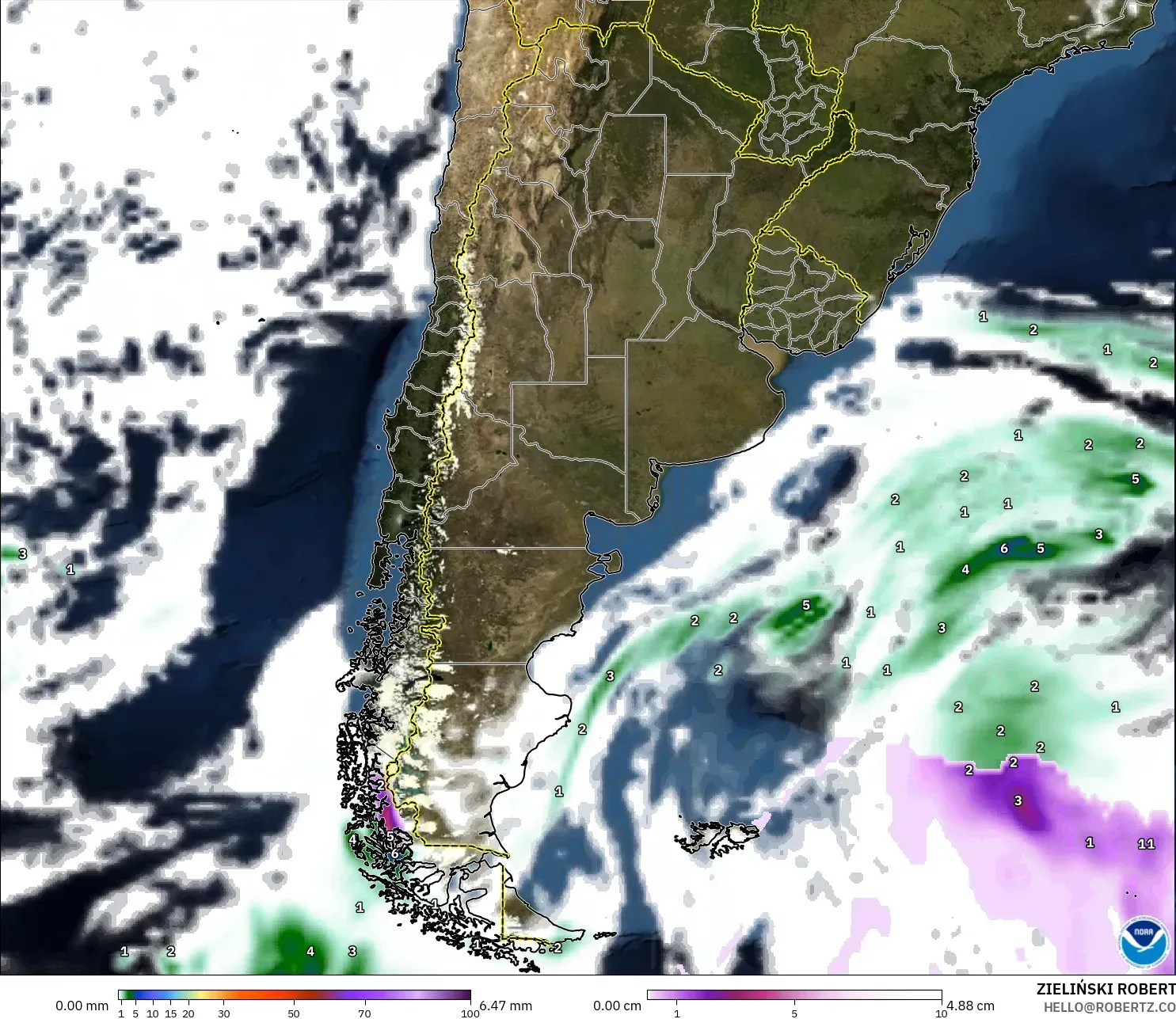 GFS model - Argentina, Precipitation, Clouds, and Pressure