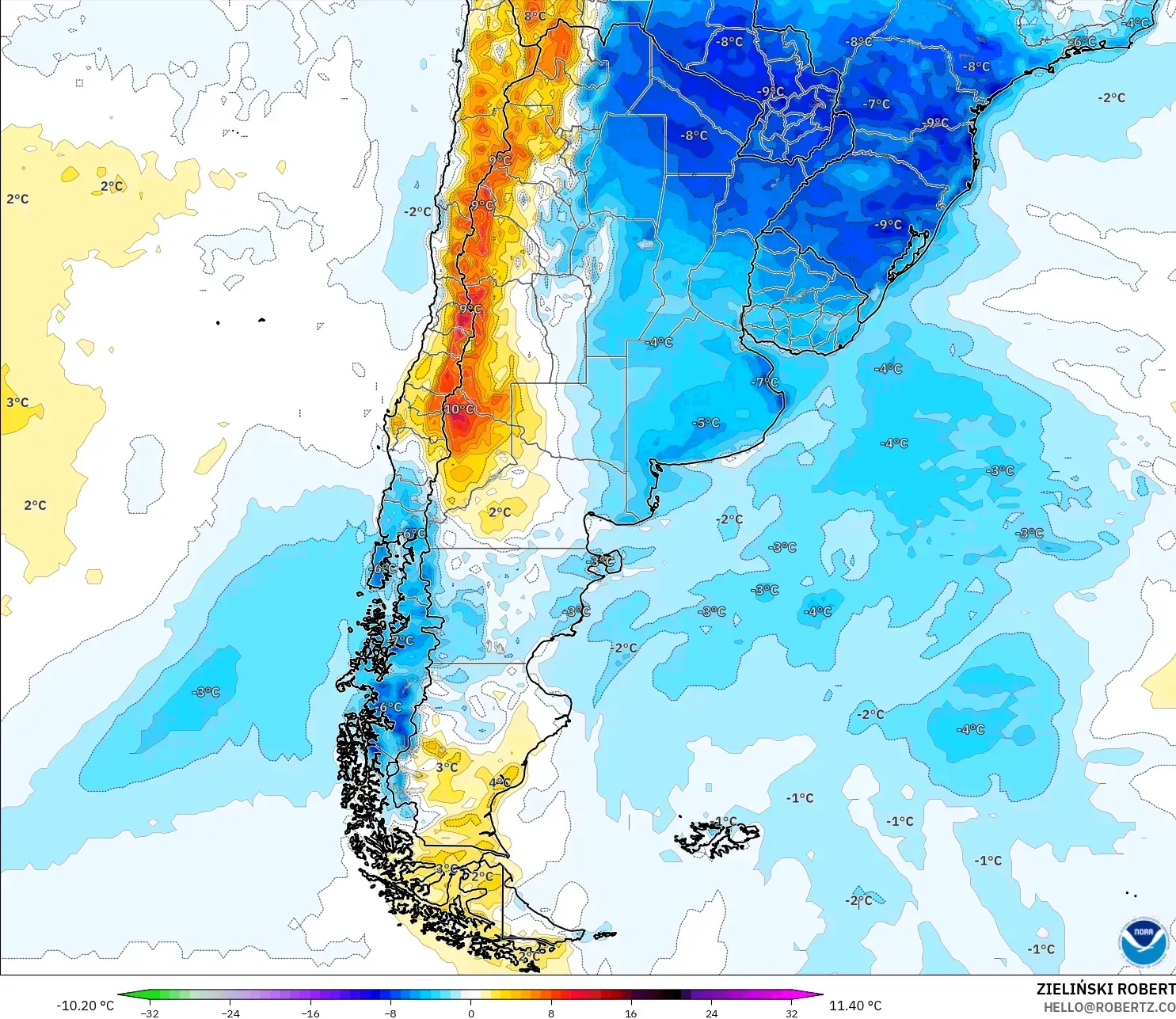 GFS model - Argentina, Temperature at 2m Anomaly