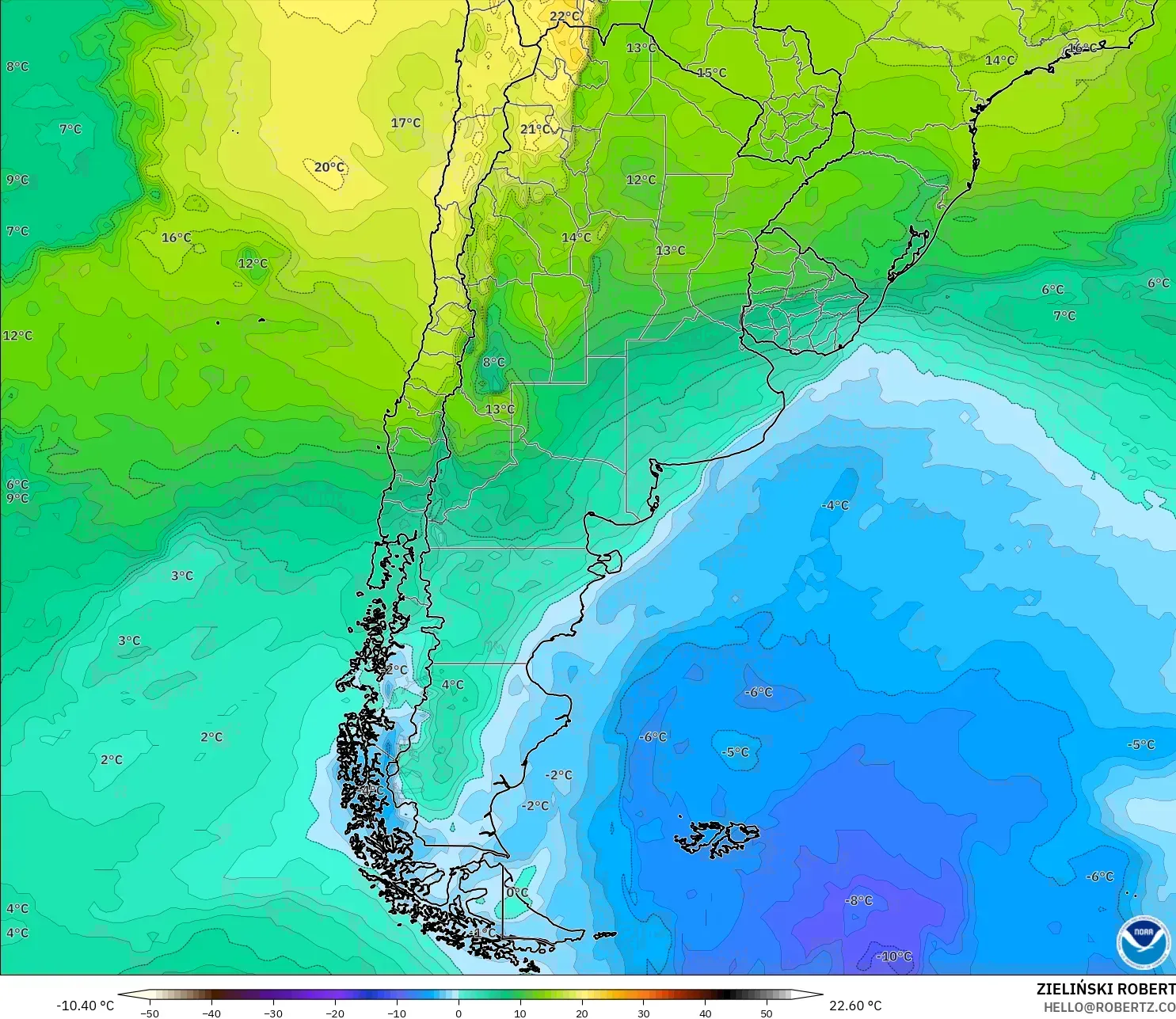 GFS model - Argentina, Temperature at 850hPa