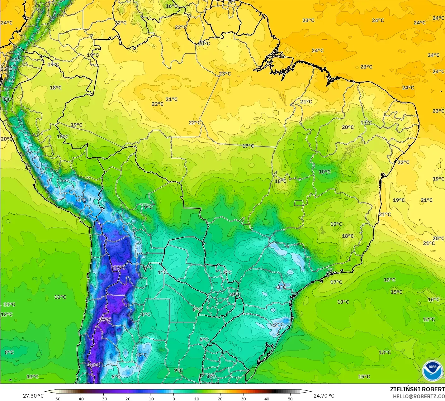 GFS model - Brazil, Dewpoint at 2m