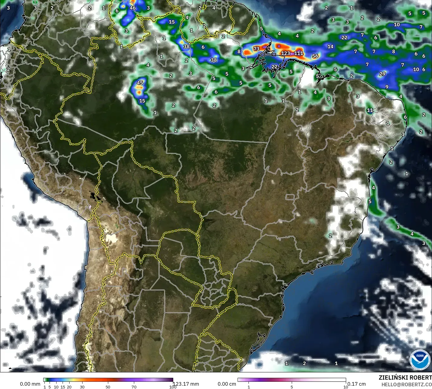 GFS model - Brazil, Precipitation, Clouds, and Pressure