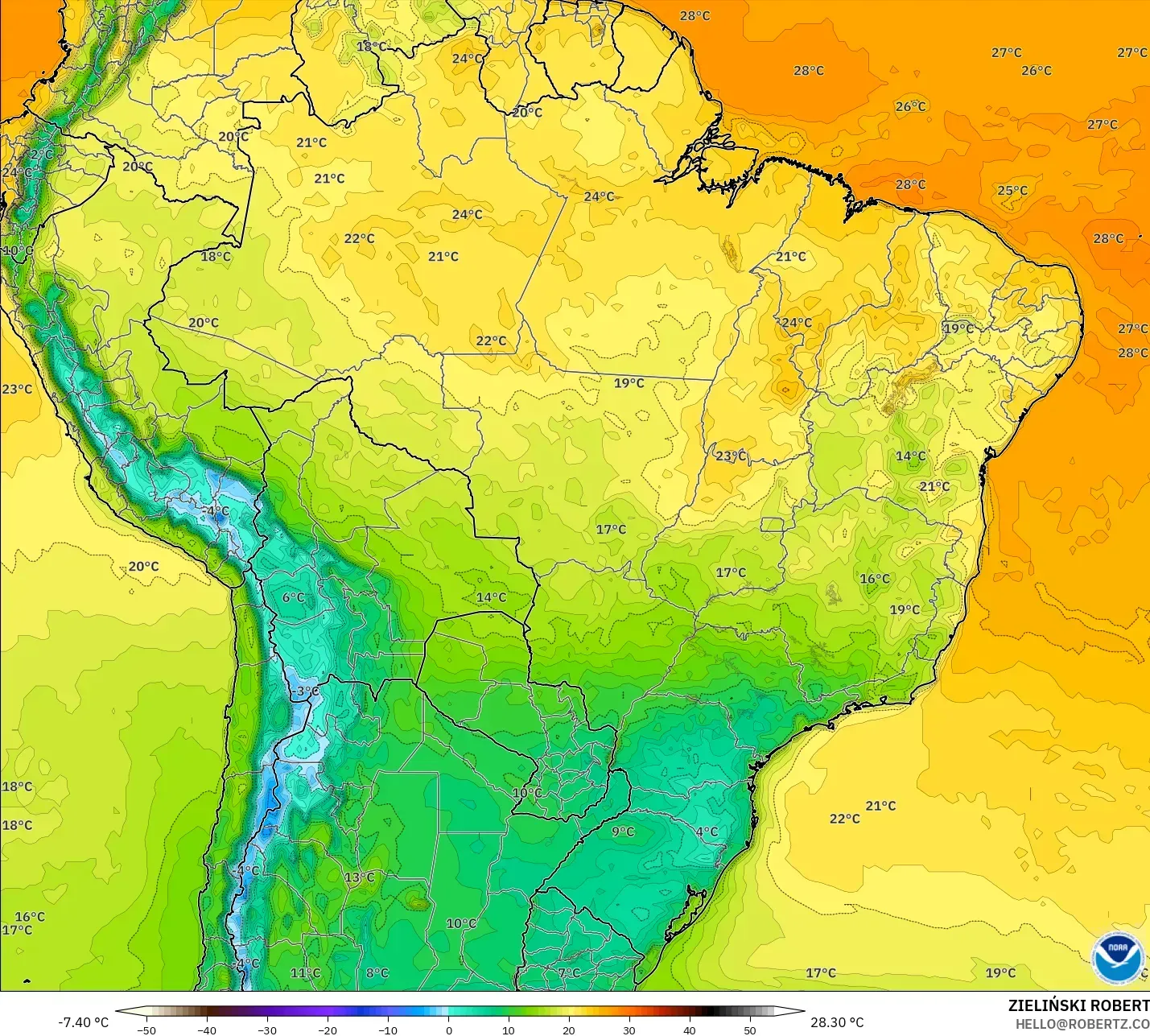 GFS model - Brazil, Temperature at 2m