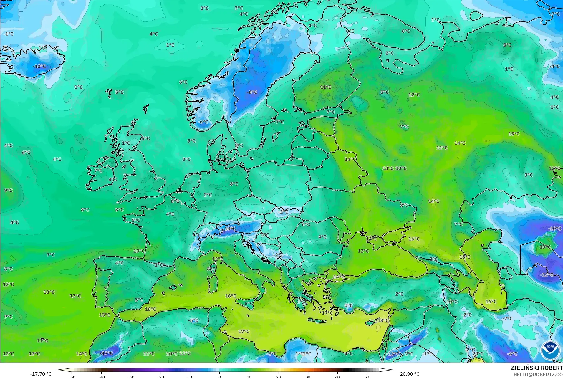 GFS model - Europe, Dewpoint at 2m