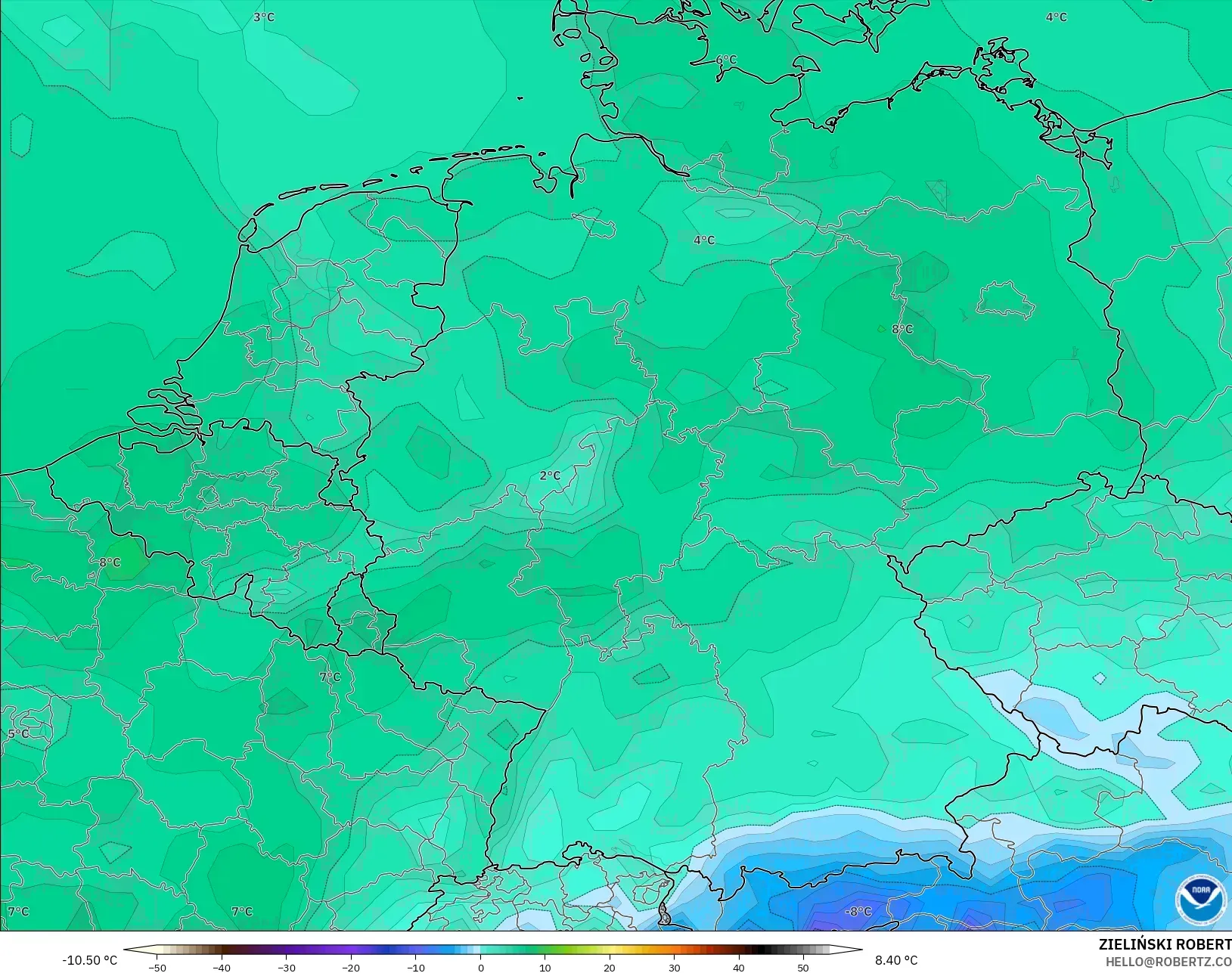 GFS model - Germany, Dewpoint at 2m