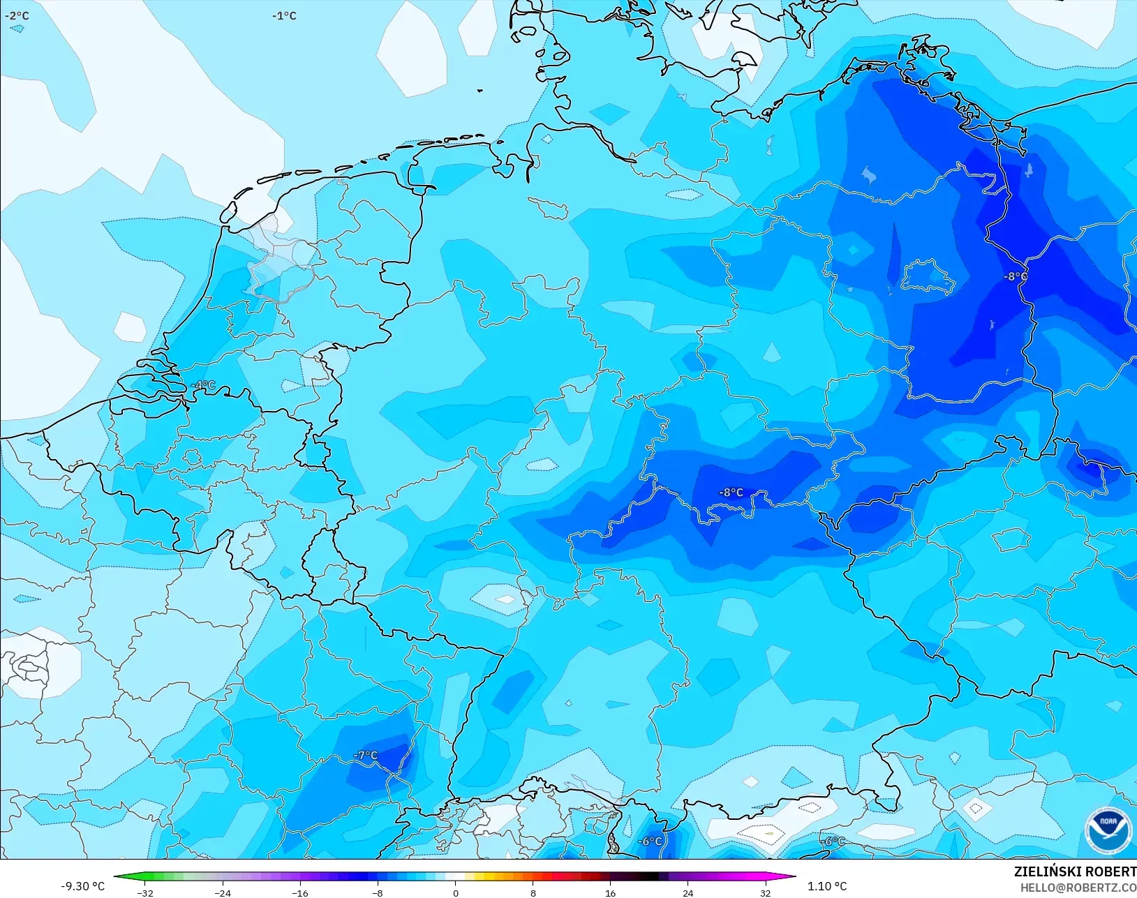 GFS model - Germany, Temperature at 2m Anomaly