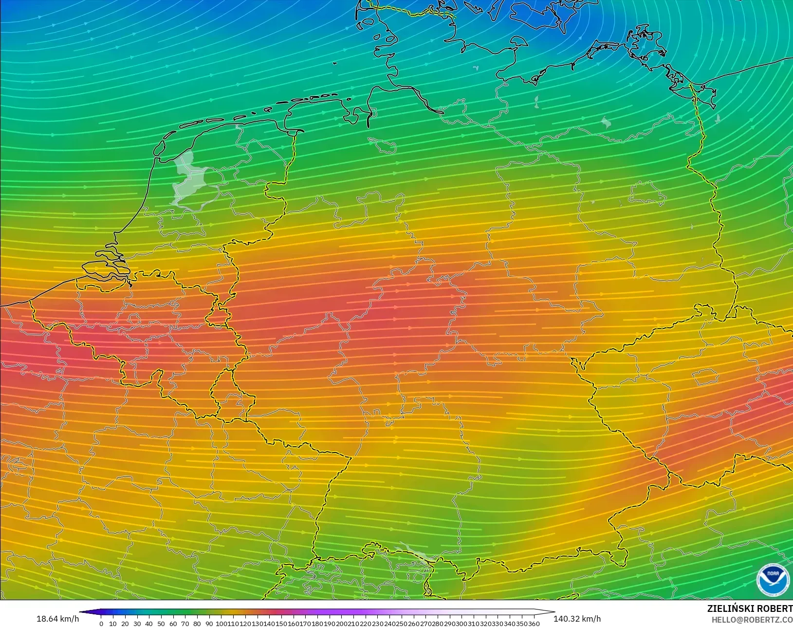GFS model - Germany, Wind at 300hPa (jet stream)