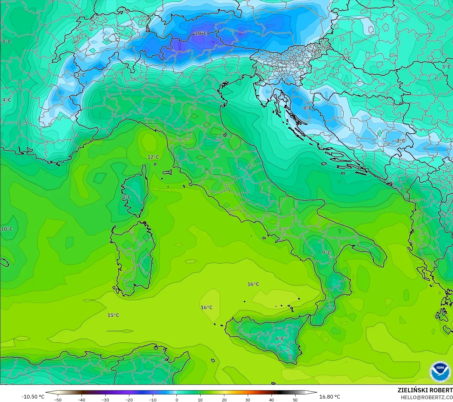 GFS model - Italy, Dewpoint at 2m
