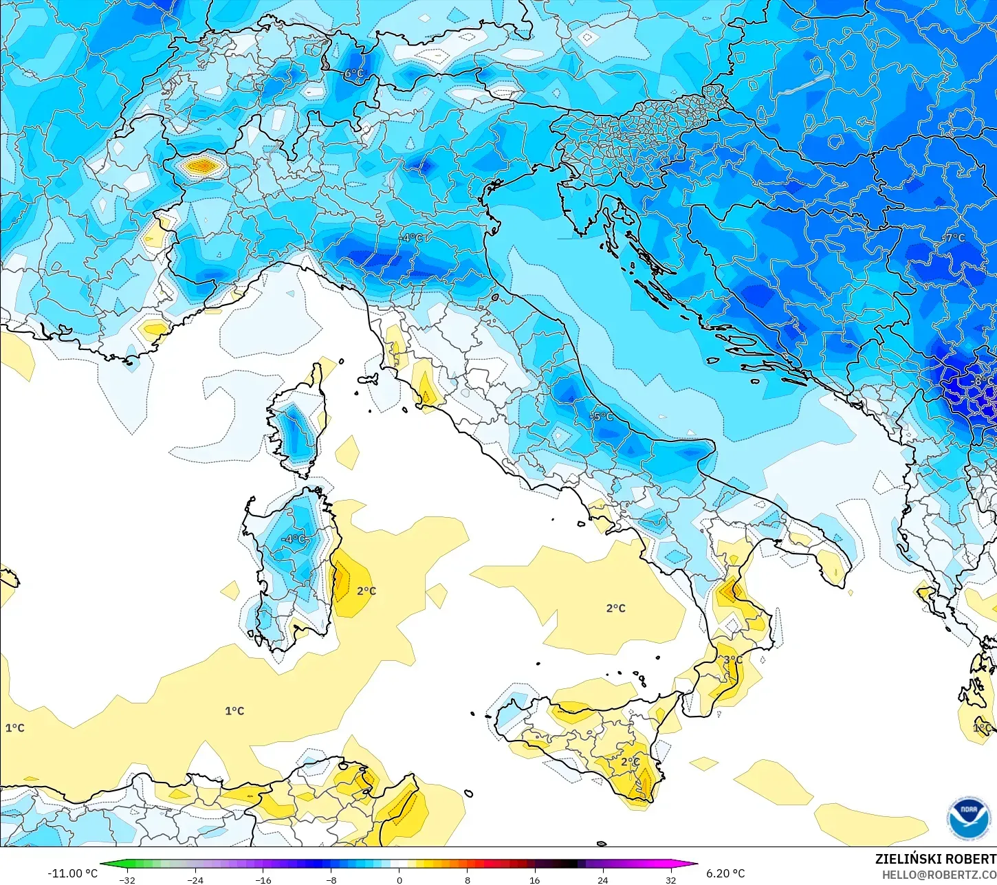 GFS model - Italy, Temperature at 2m Anomaly