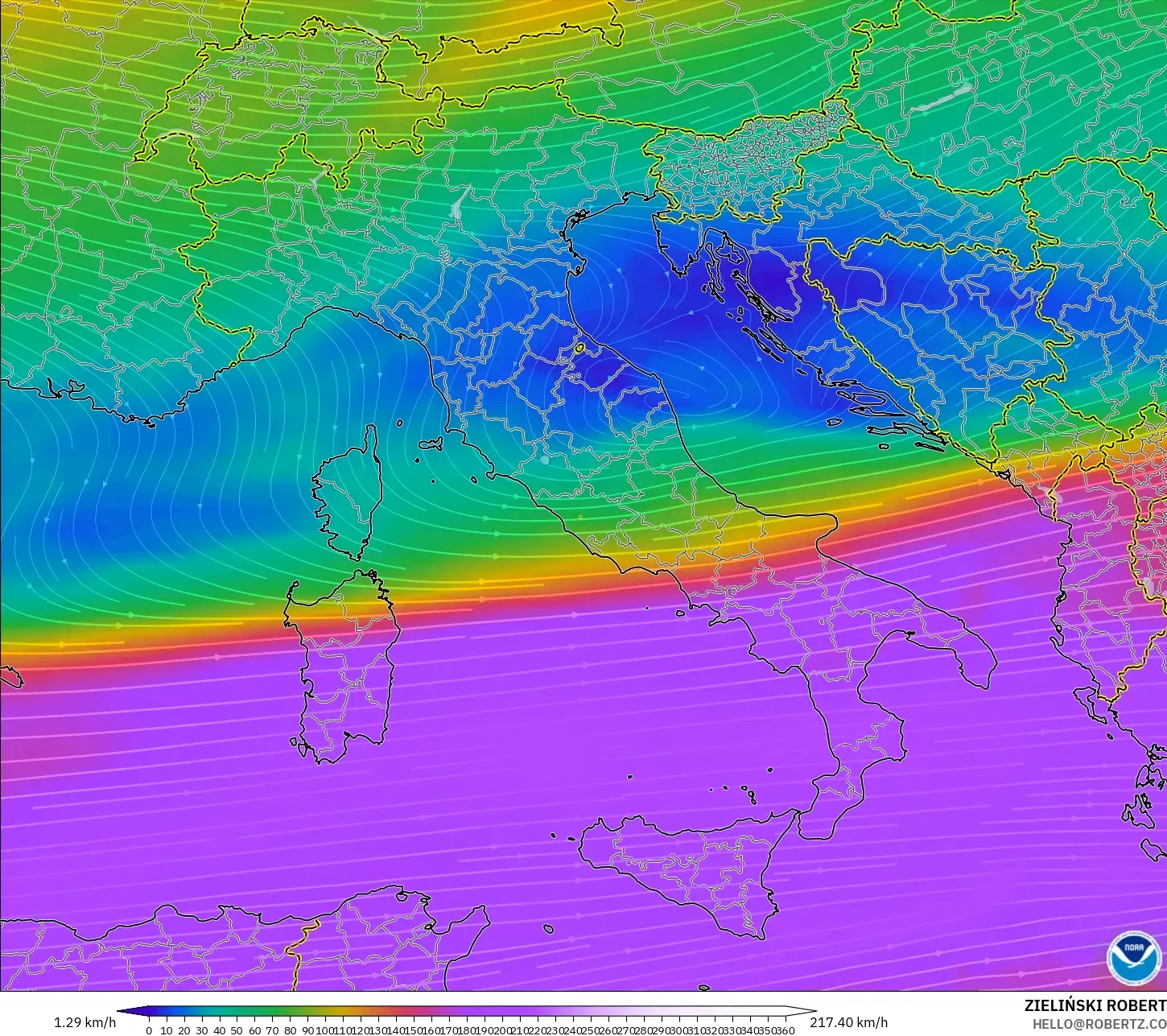 GFS model - Italy, Wind at 300hPa (jet stream)