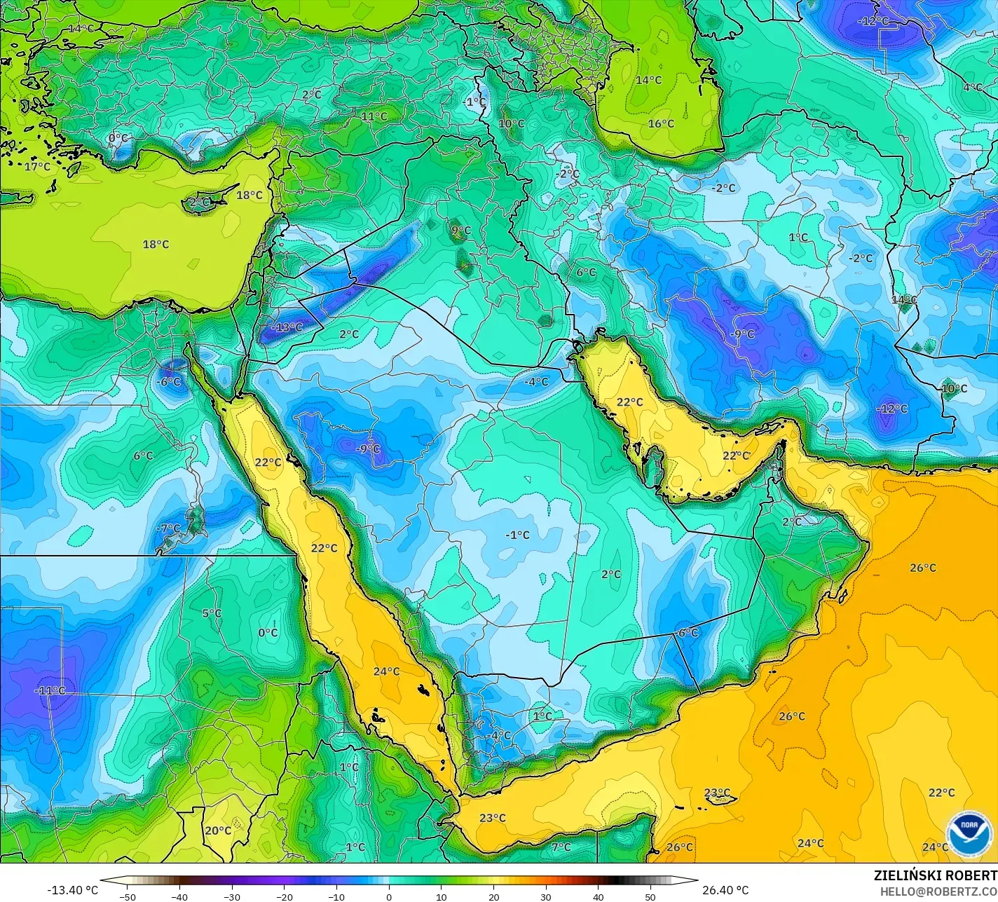 GFS model - Middle East, Dewpoint at 2m