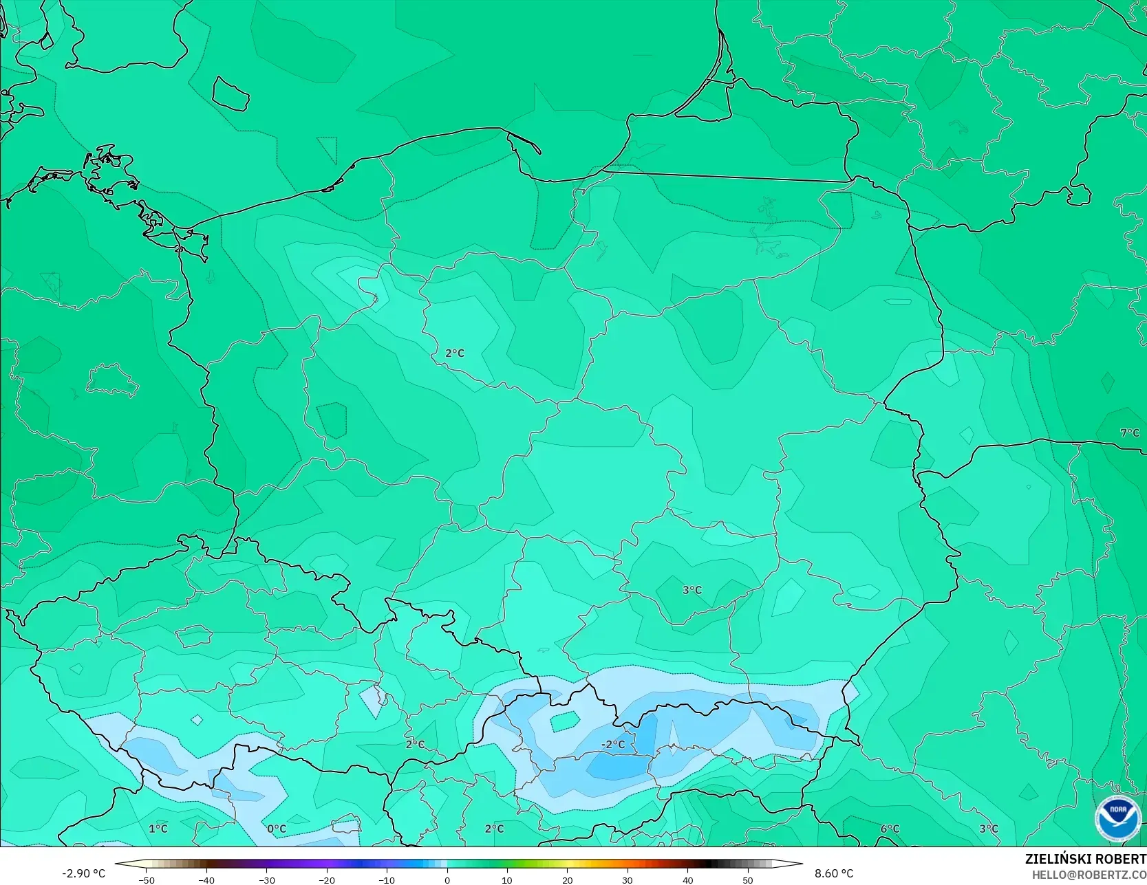 GFS model - Poland, Dewpoint at 2m