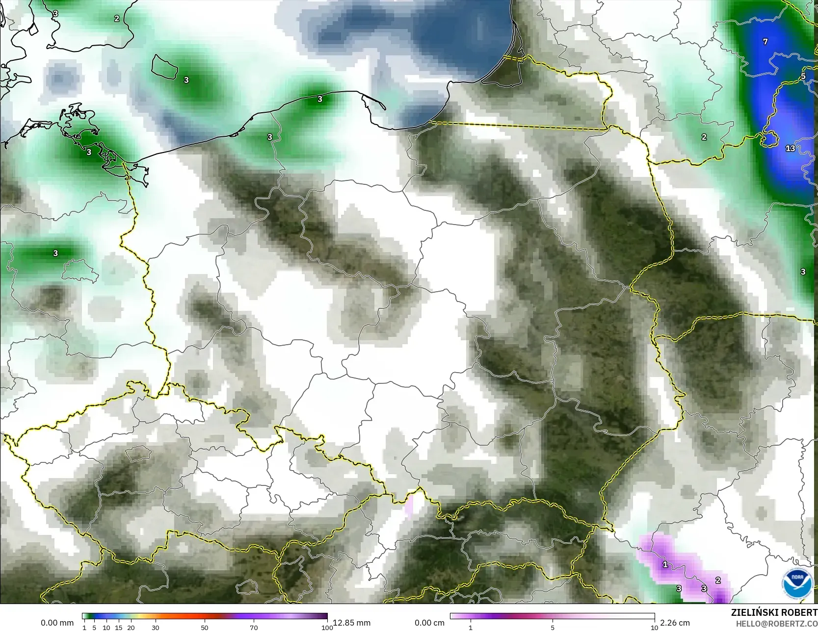 GFS model - Poland, Precipitation, Clouds, and Pressure