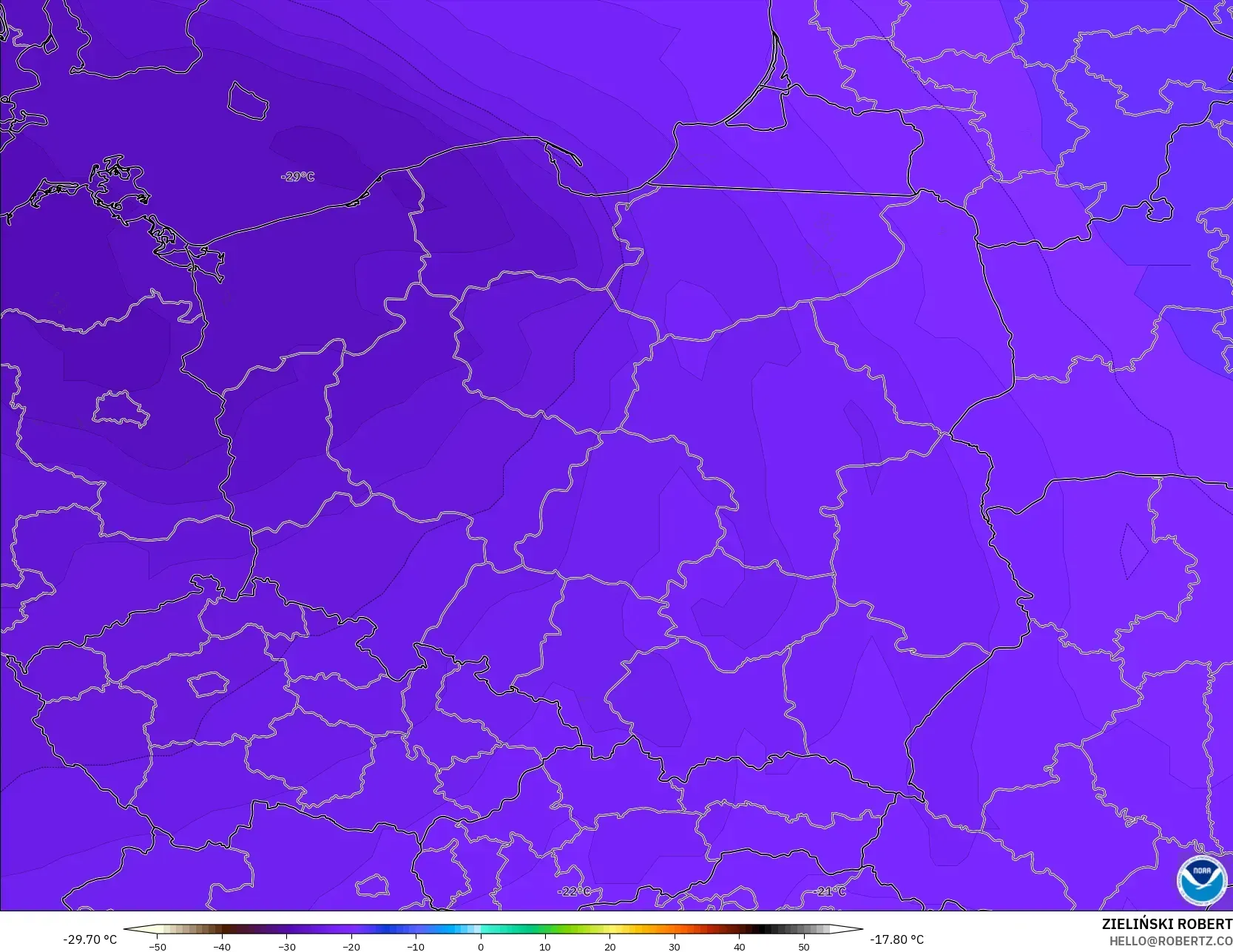 GFS model - Poland, Temperature at 500hPa
