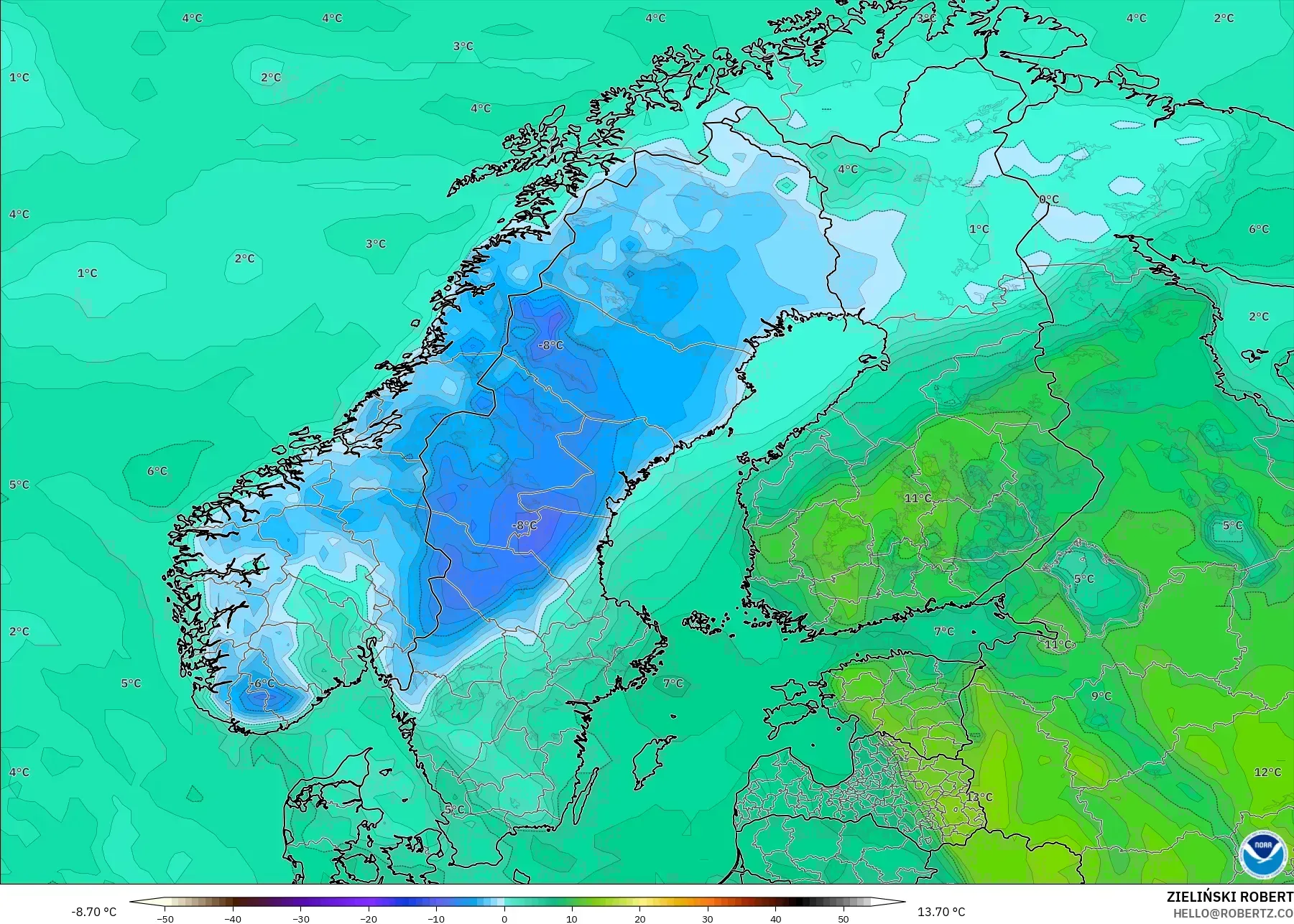 GFS model - Scandinavia, Dewpoint at 2m