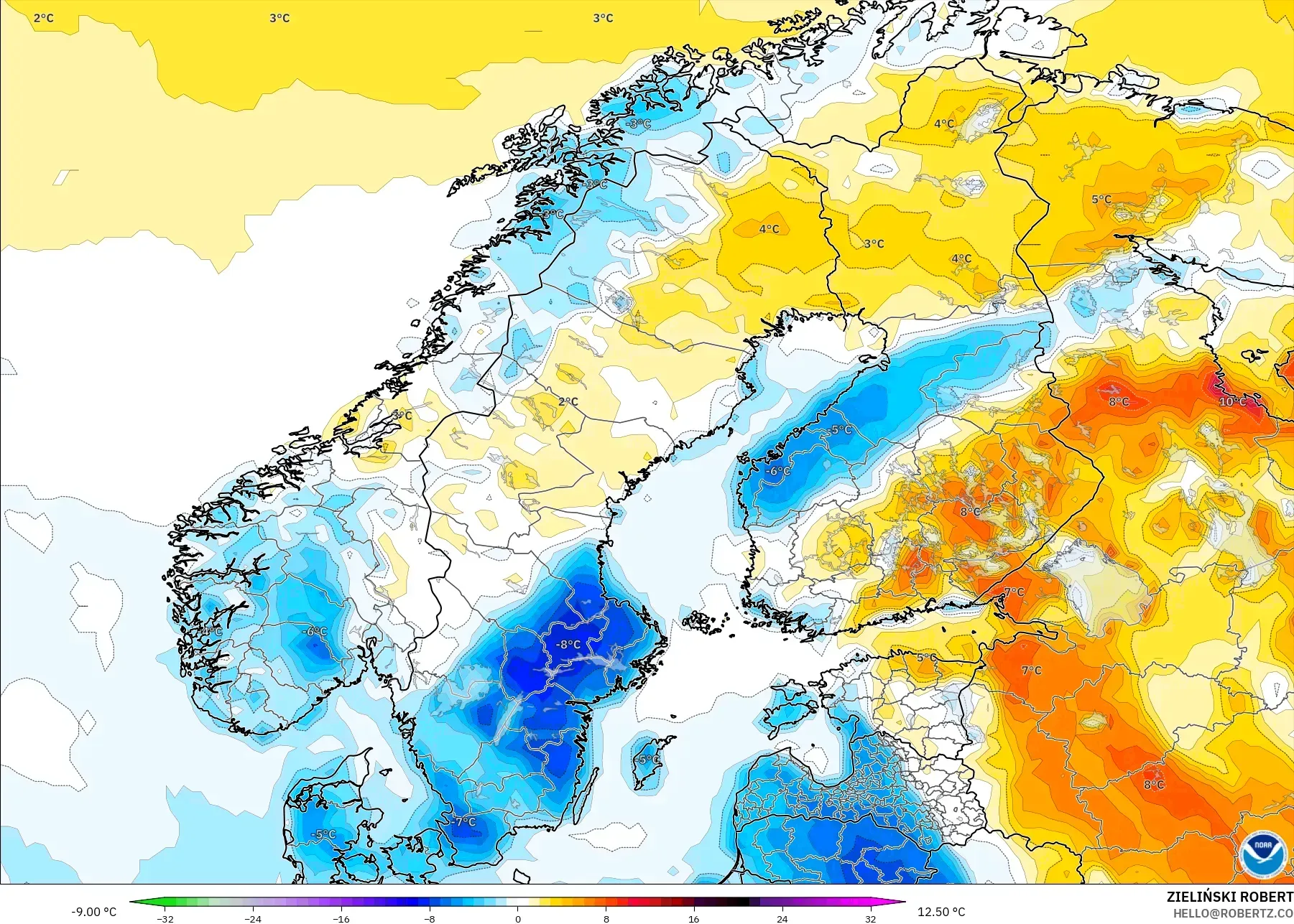 GFS model - Scandinavia, Temperature at 2m Anomaly