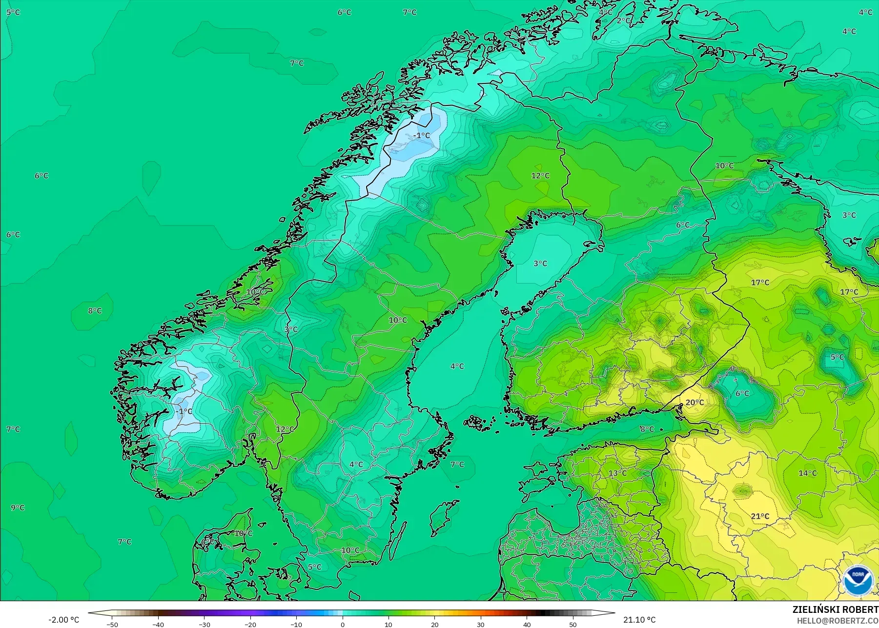 GFS model - Scandinavia, Temperature at 2m