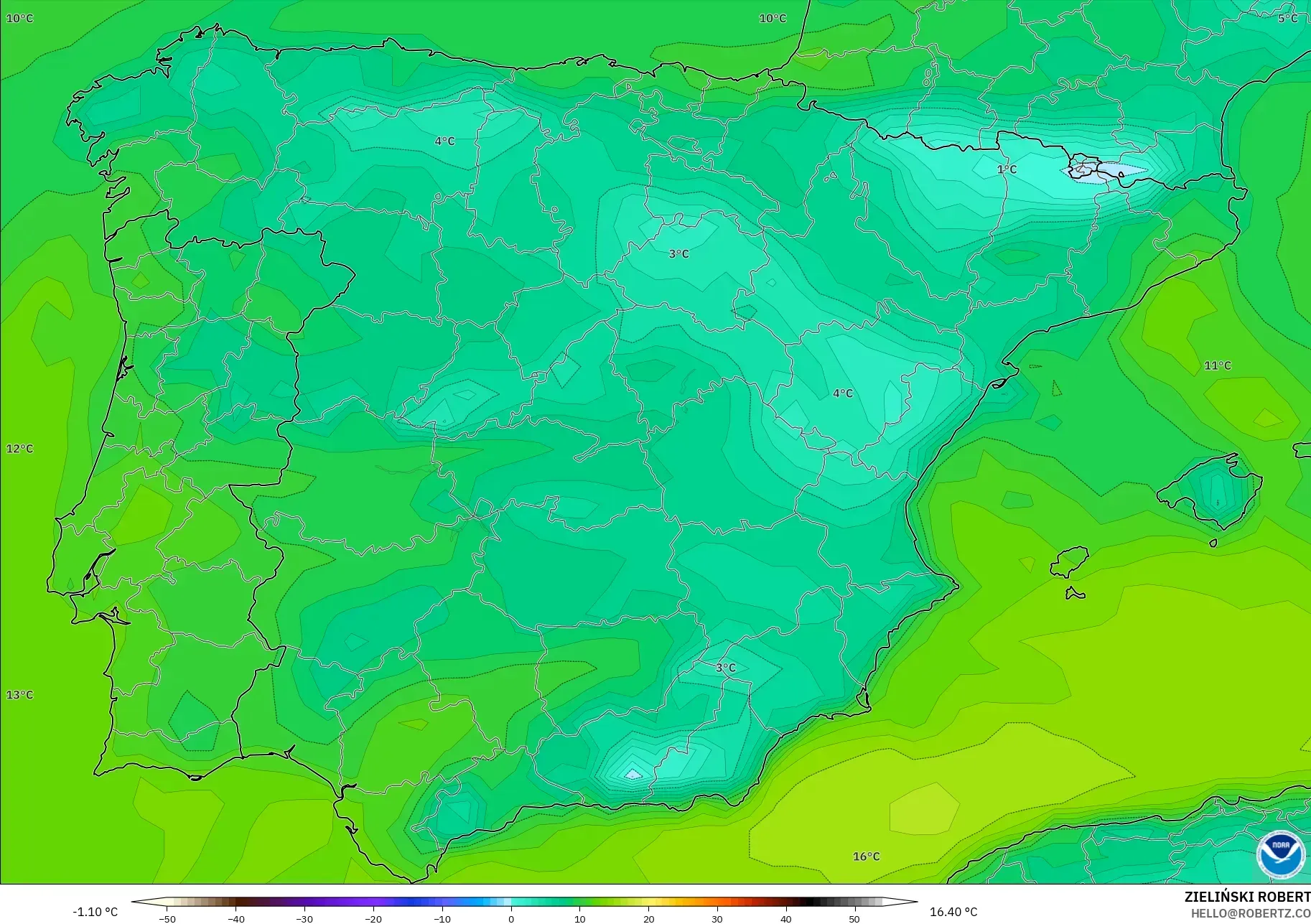 GFS model - Spain, Dewpoint at 2m