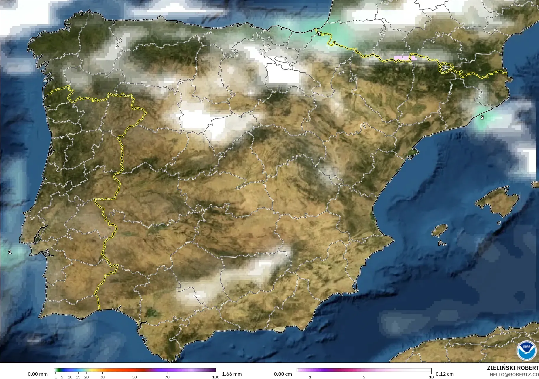 GFS model - Spain, Precipitation, Clouds, and Pressure