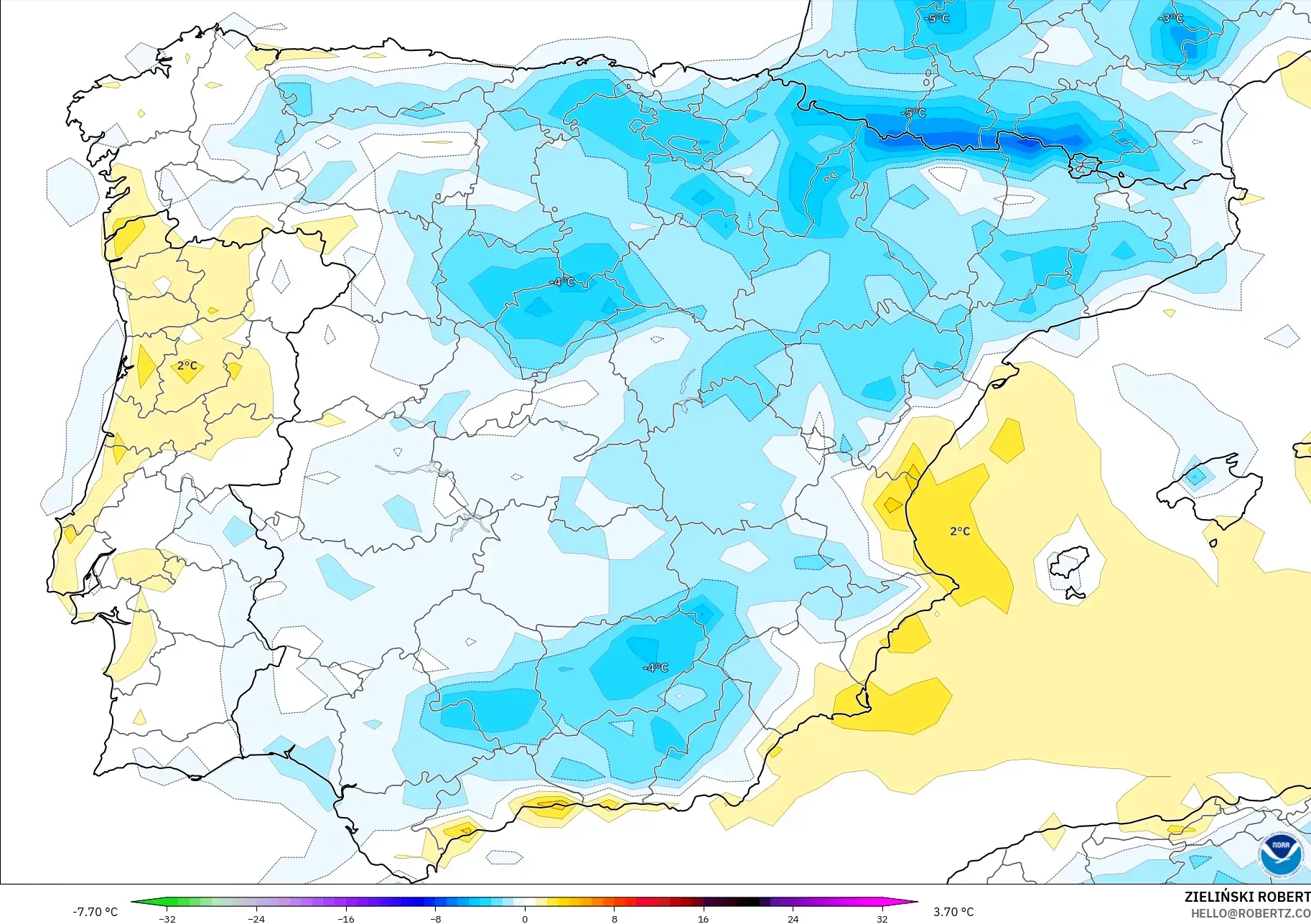 GFS model - Spain, Temperature at 2m Anomaly