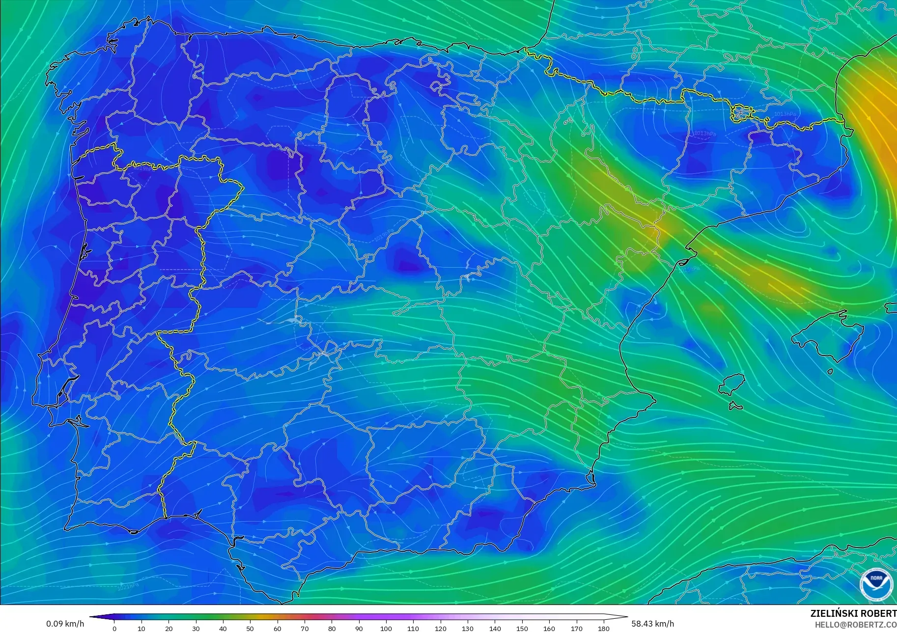 GFS model - Spain, Wind at 10m