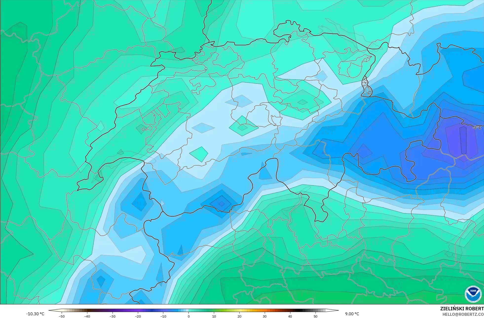 GFS model - Switzerland, Dewpoint at 2m