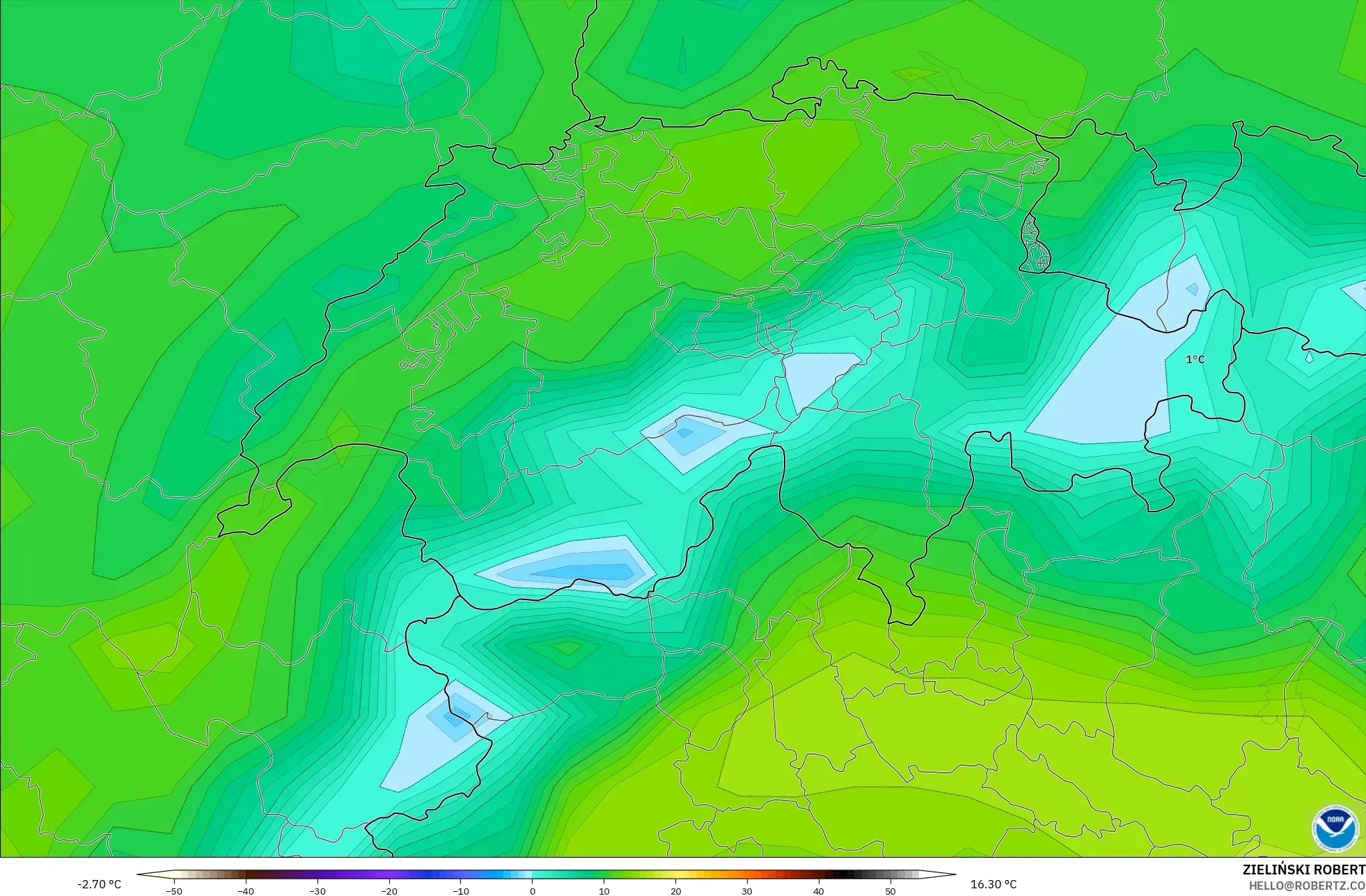GFS model - Switzerland, Temperature at 2m