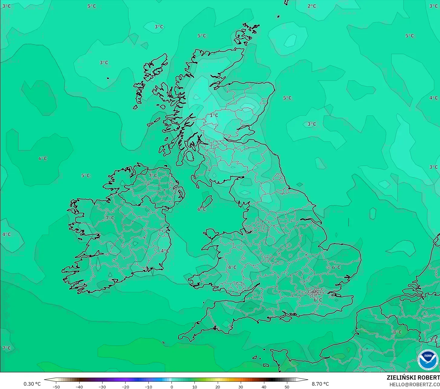 GFS model - United Kingdom, Dewpoint at 2m