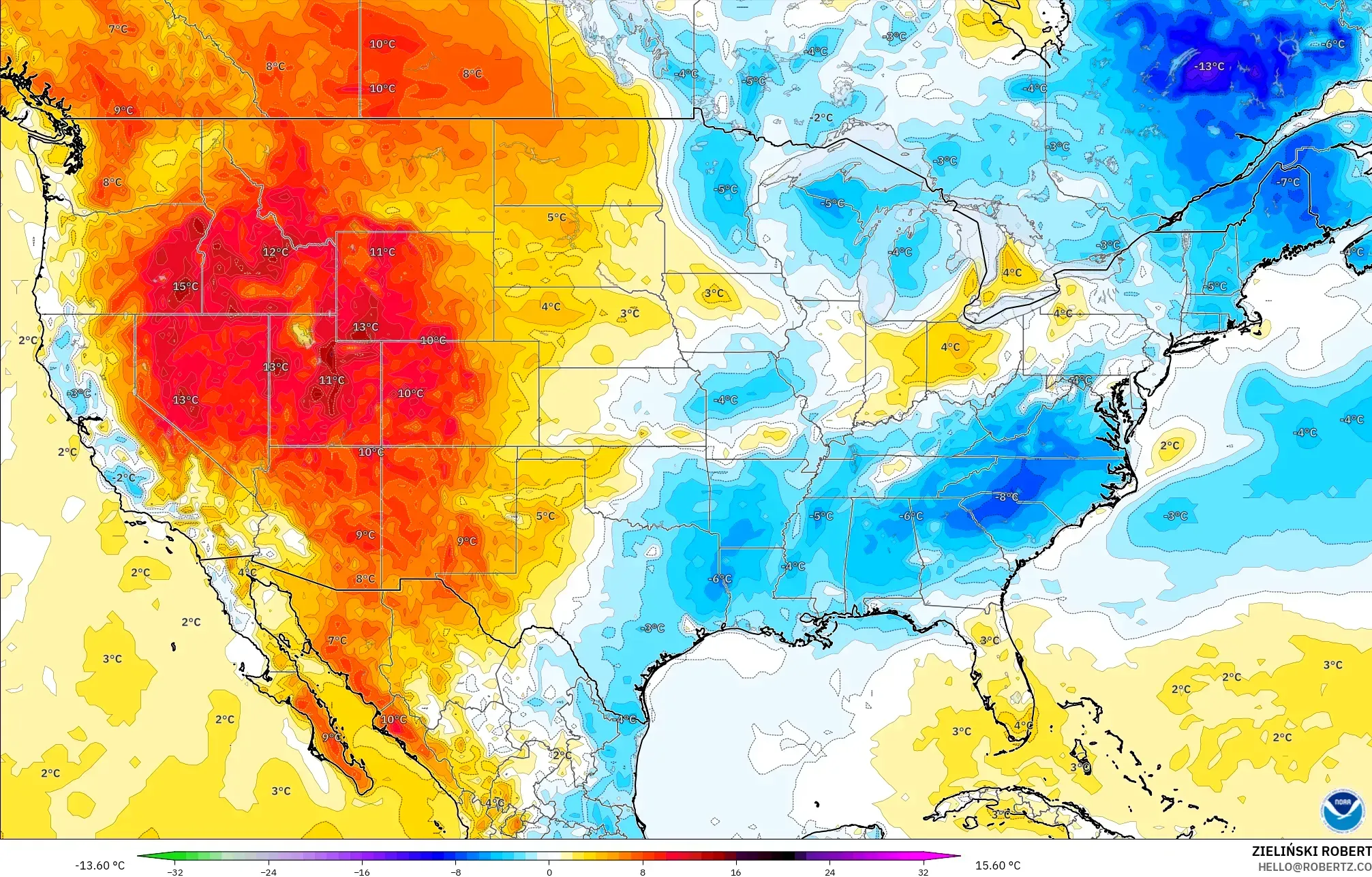 GFS model - United States, Temperature at 2m Anomaly