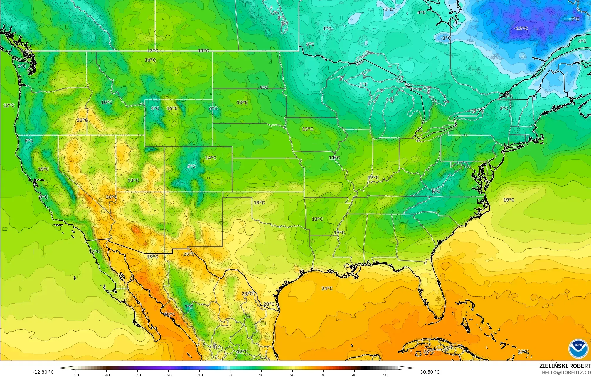 GFS model - United States, Temperature at 2m