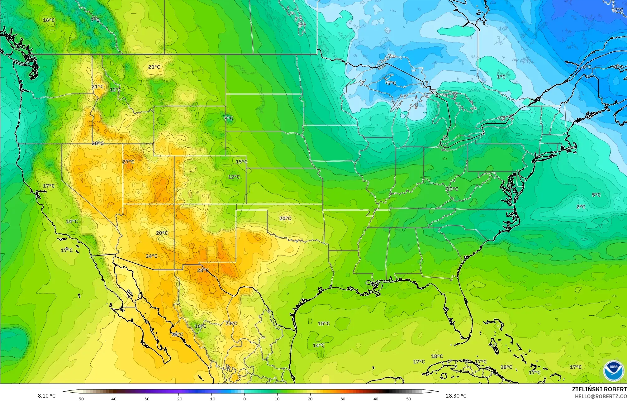 GFS model - United States, Temperature at 850hPa