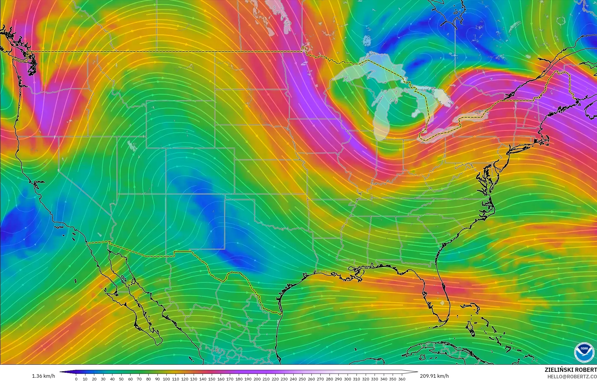 GFS model - United States, Wind at 300hPa (jet stream)