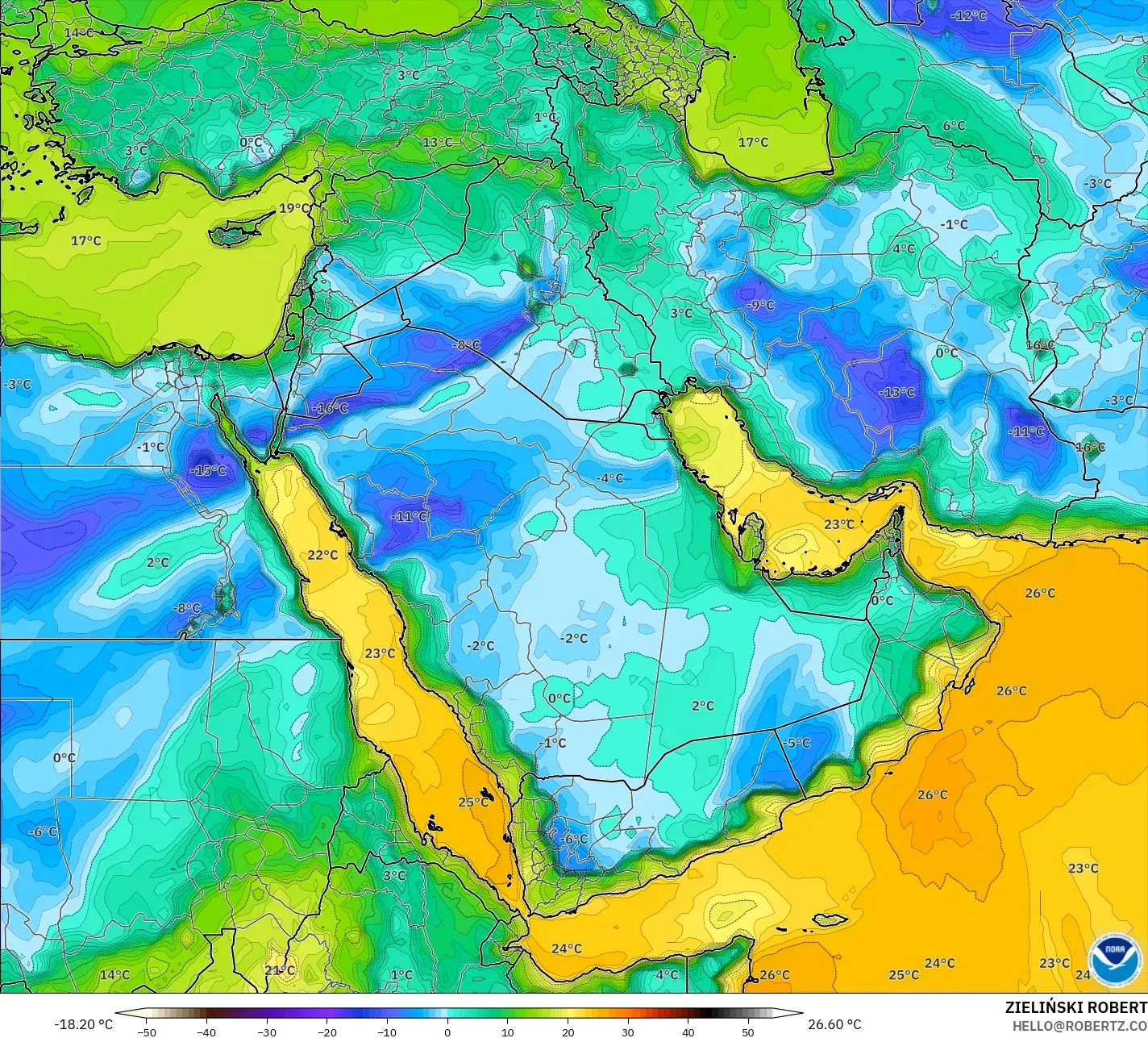 GFS model - Middle East, Dewpoint at 2m