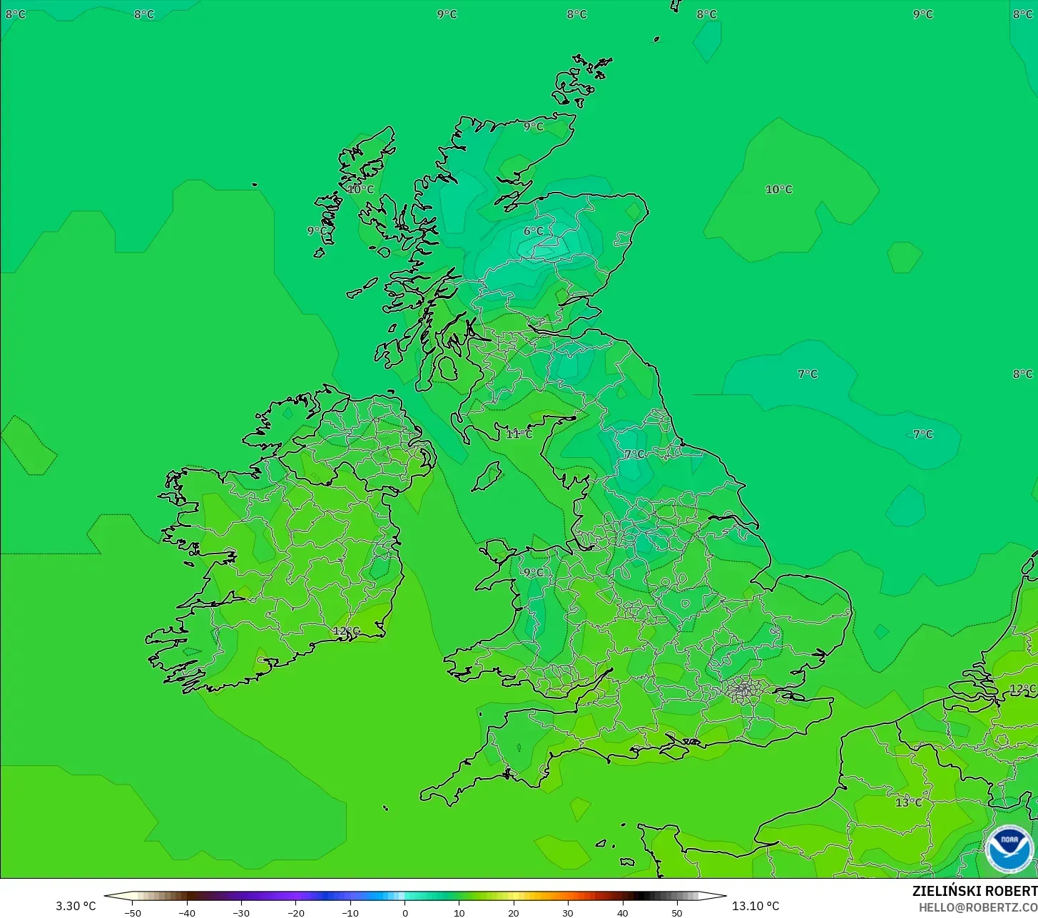 GFS model - United Kingdom, Temperature at 2m