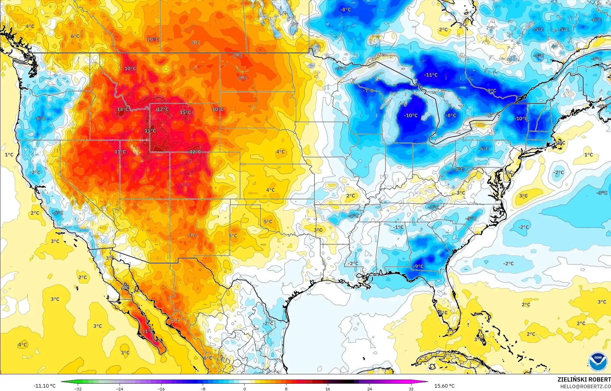 GFS model - United States, Temperature at 2m Anomaly