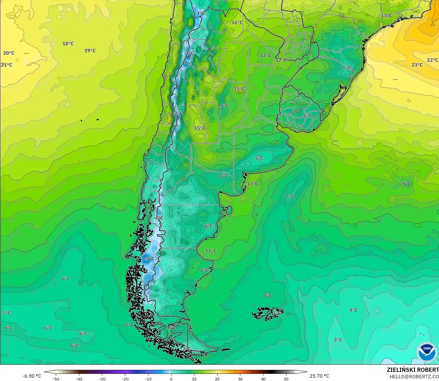GFS model - Argentina, Temperature at 2m
