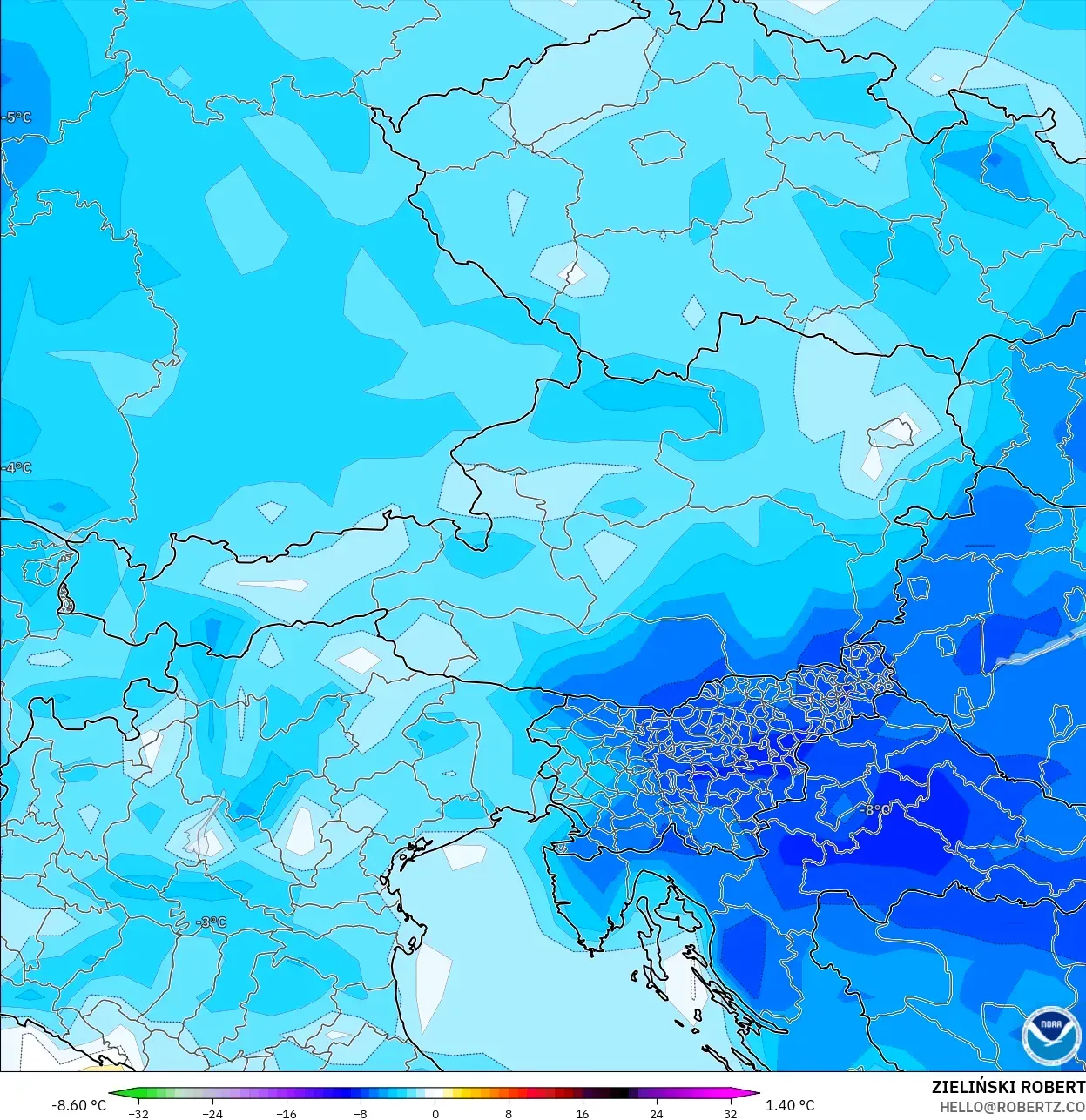 GFS model - Austria, Temperature at 2m Anomaly